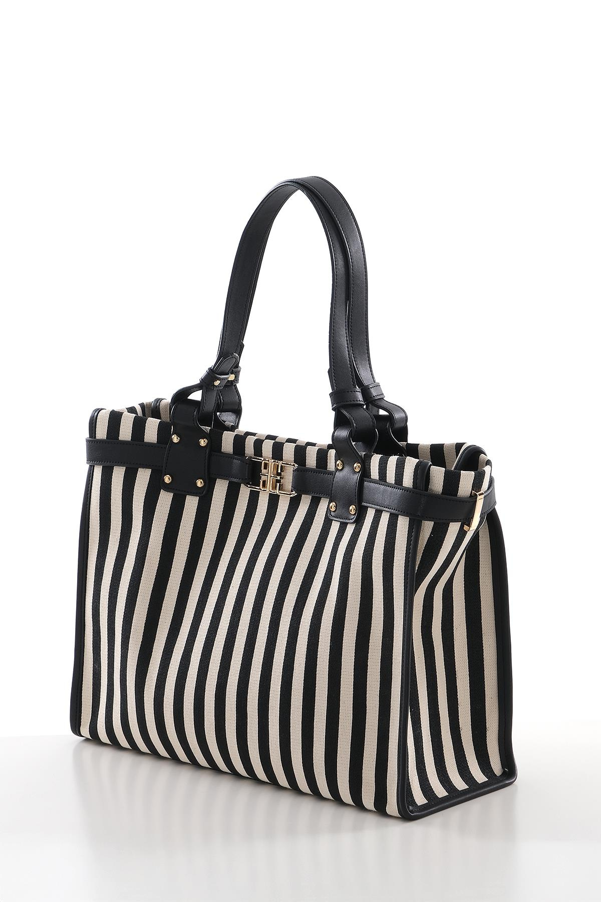 Dikey Çizgili Çift Saplı Şık Tasarıma Sahip El Çantası