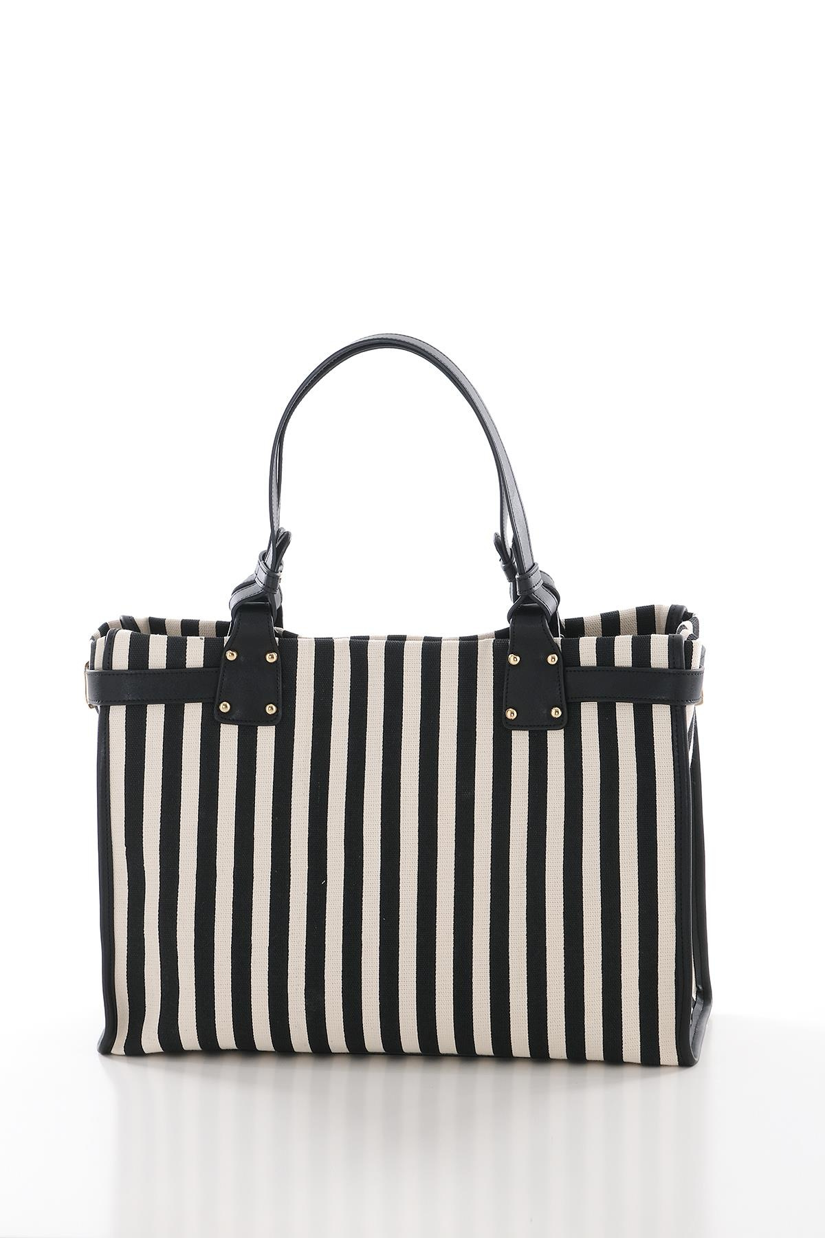 Dikey Çizgili Çift Saplı Şık Tasarıma Sahip El Çantası