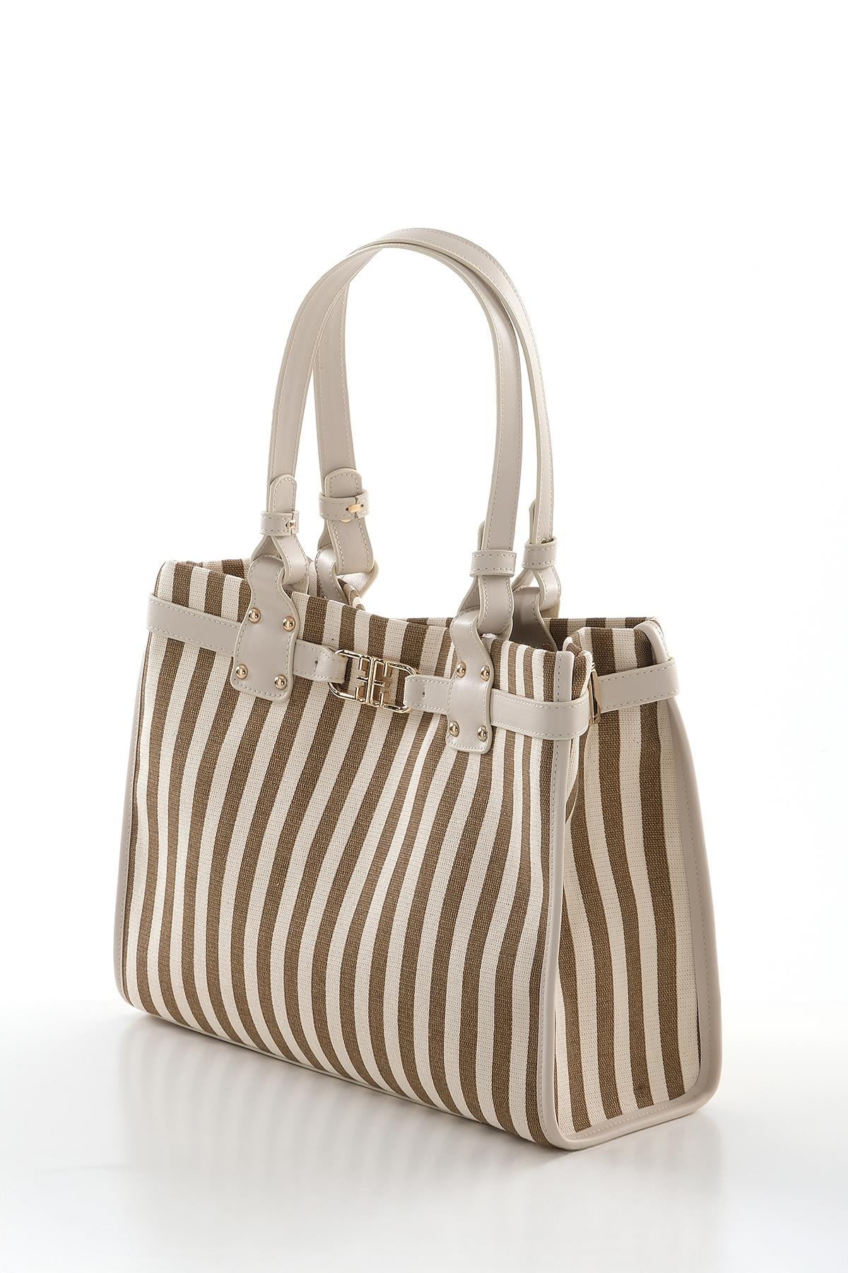 Dikey Çizgili Çift Saplı Şık Tasarıma Sahip El Çantası