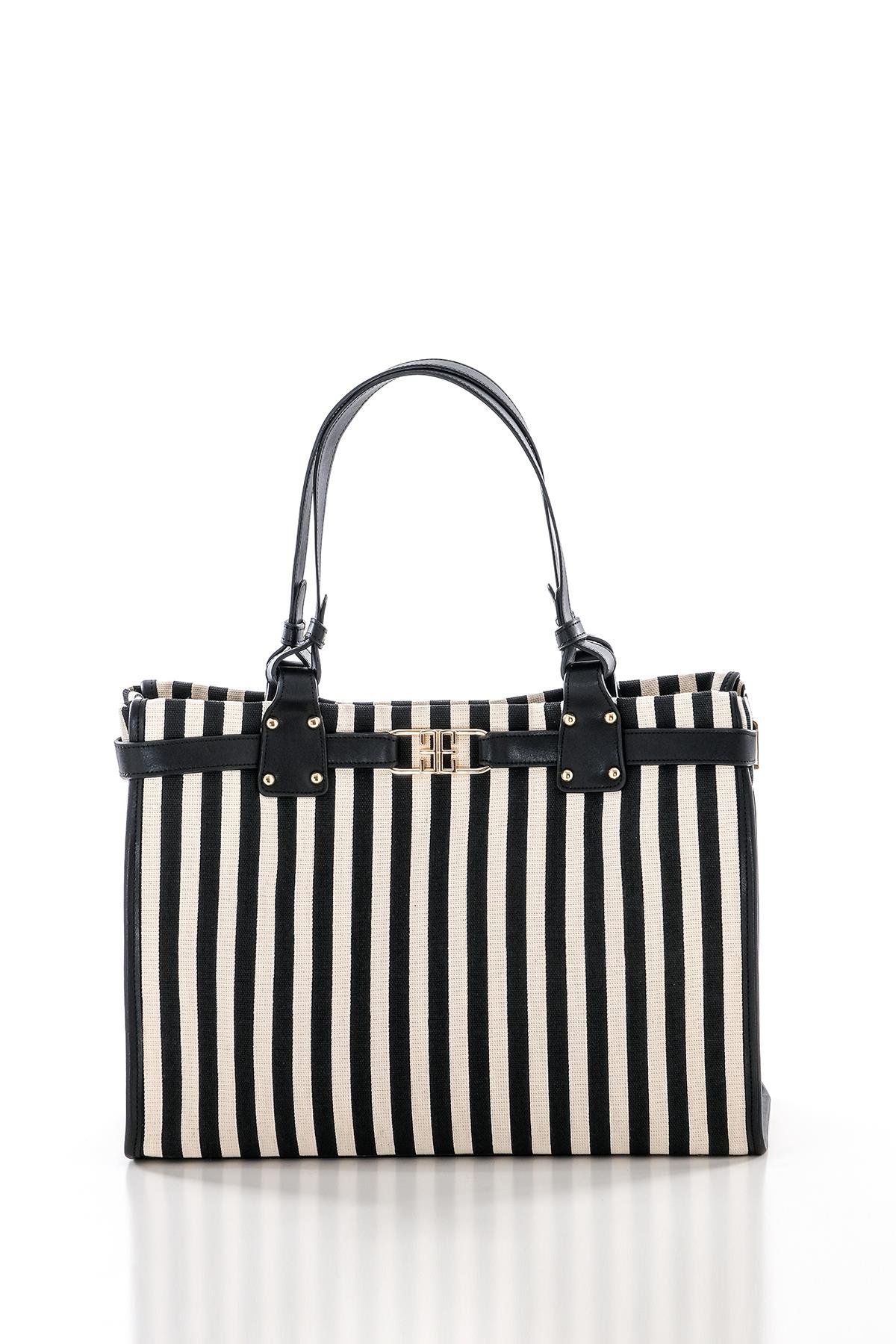 Dikey Çizgili Çift Saplı Şık Tasarıma Sahip El Çantası