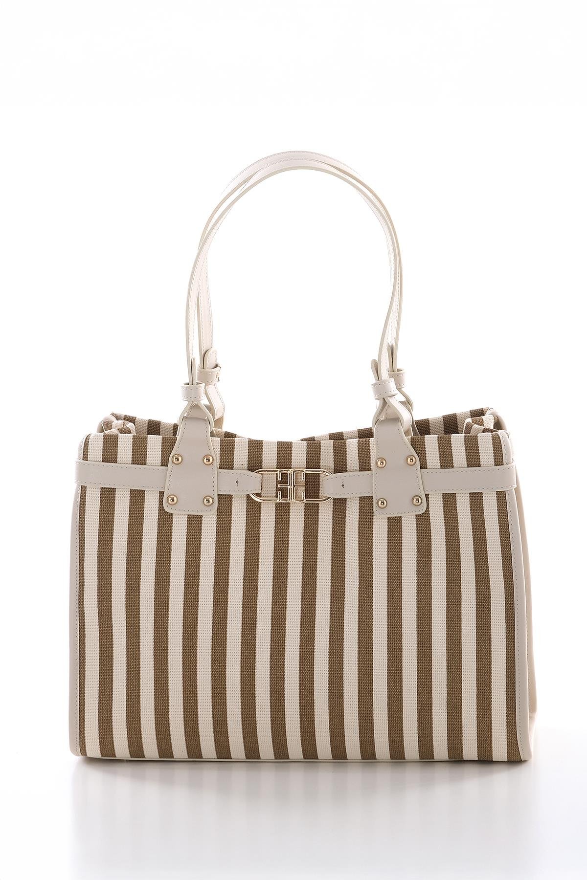 Dikey Çizgili Çift Saplı Şık Tasarıma Sahip El Çantası