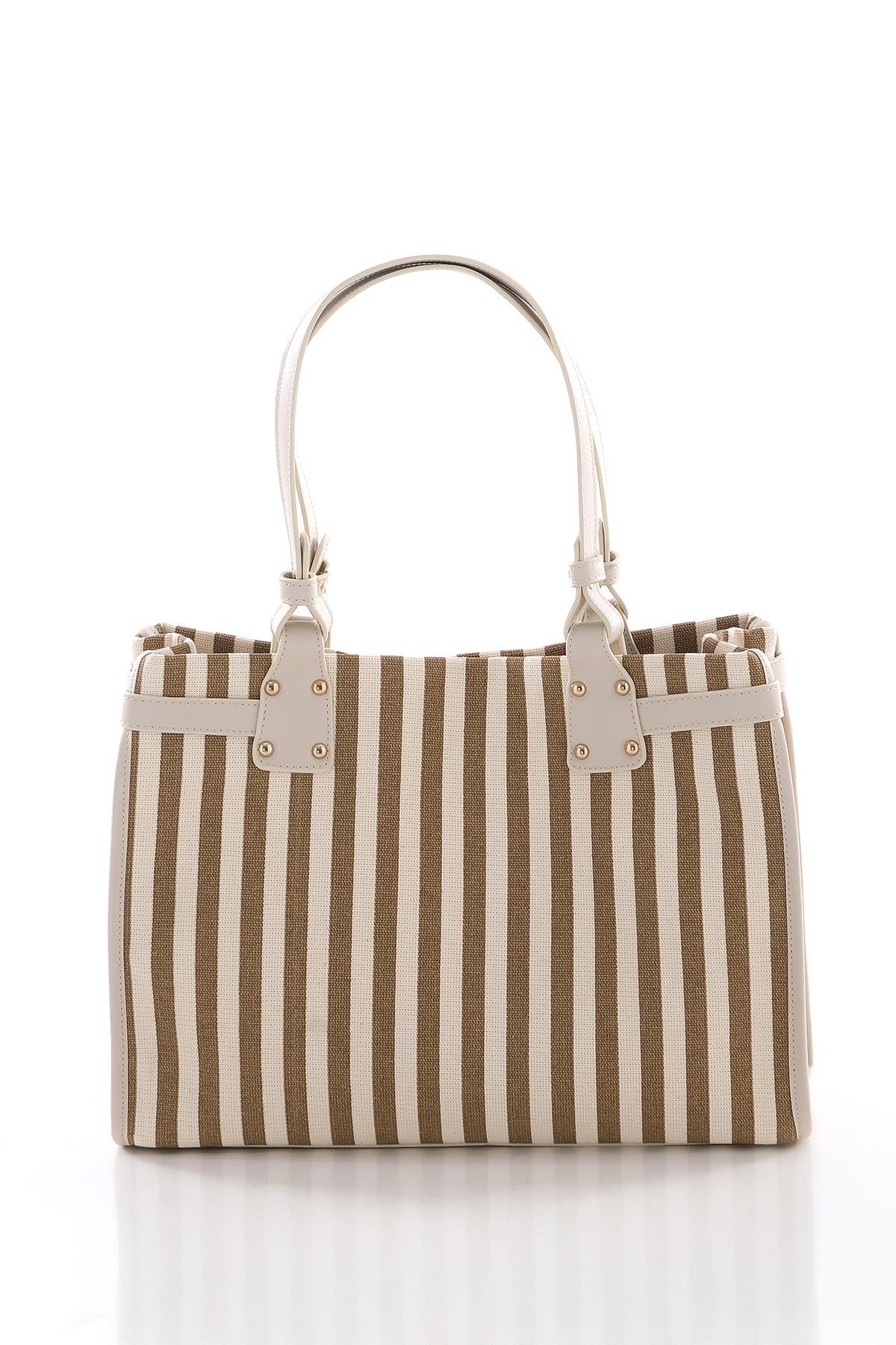 Dikey Çizgili Çift Saplı Şık Tasarıma Sahip El Çantası