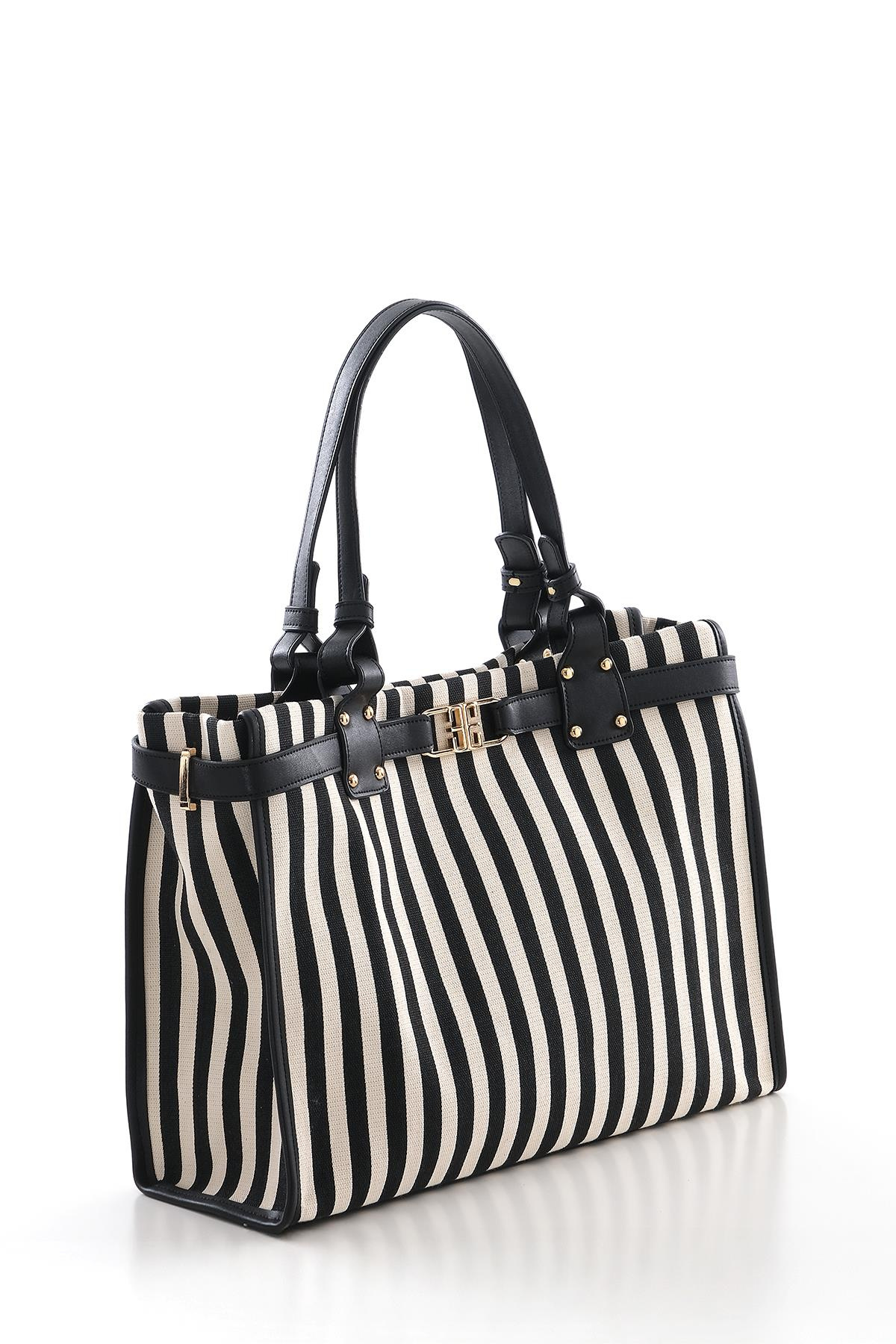 Dikey Çizgili Çift Saplı Şık Tasarıma Sahip El Çantası