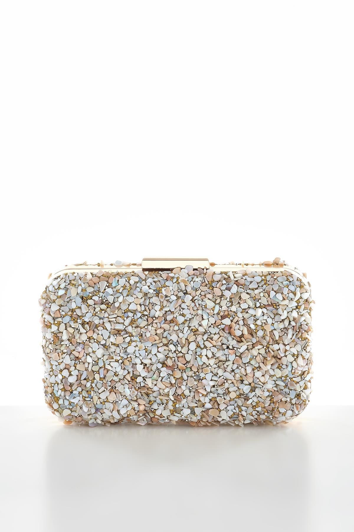 Doğal Taşlı Metal Saplı Kilitli Abiye Clutch Çanta