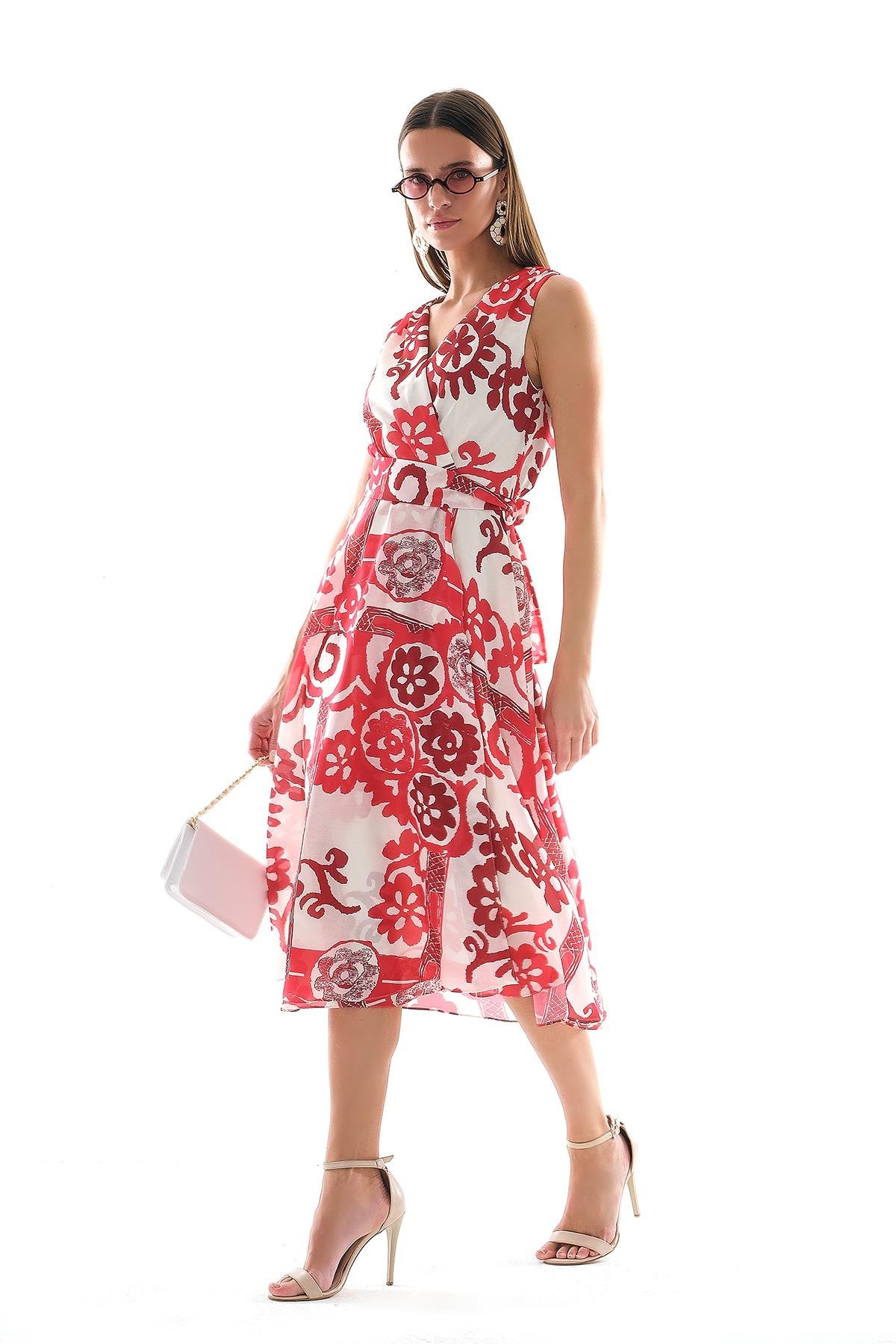 Eteği Volanlı Kruvaze Yakalı Beli Kuşaklı Midi Boy Elbise