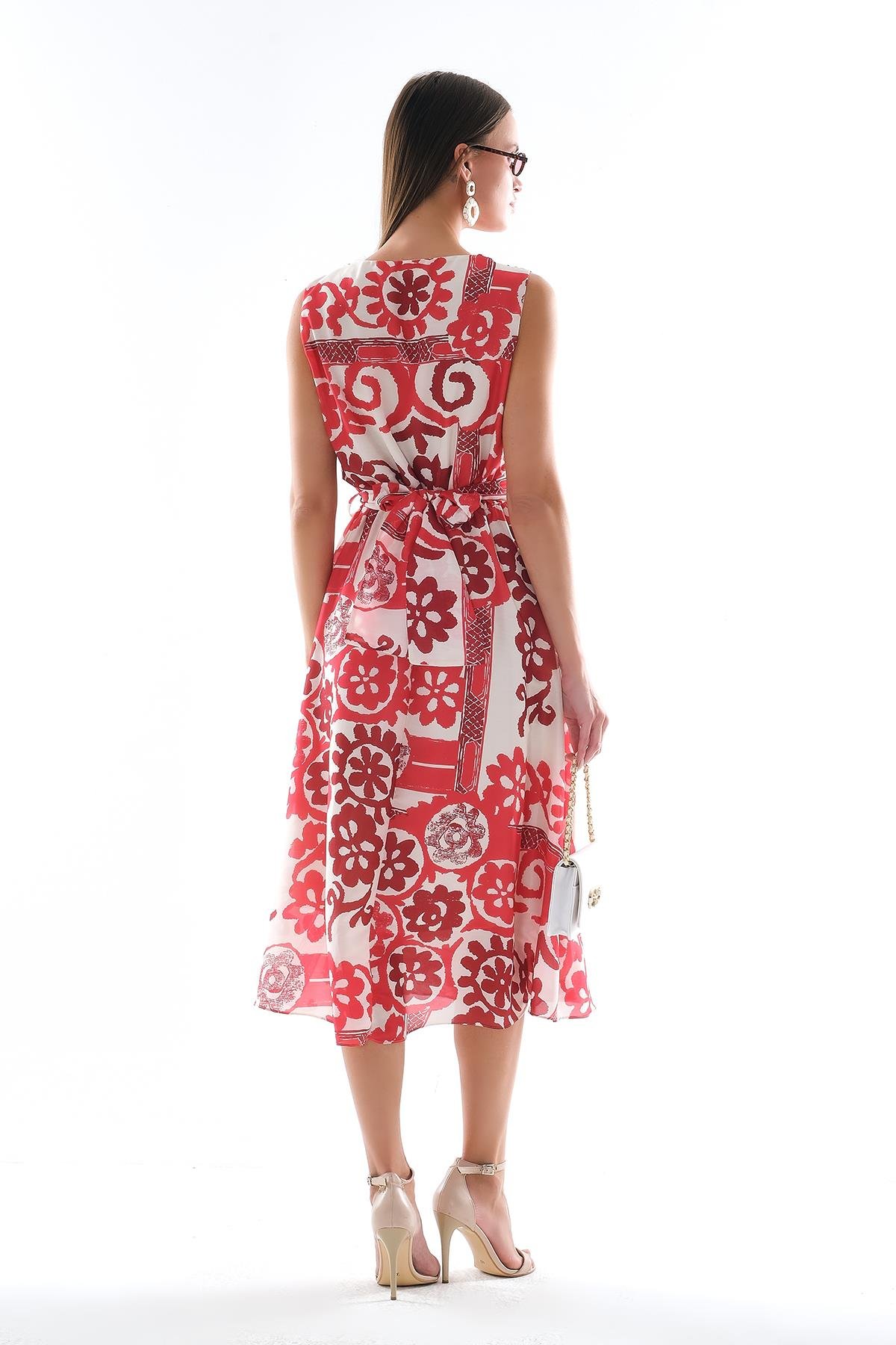 Eteği Volanlı Kruvaze Yakalı Beli Kuşaklı Midi Boy Elbise