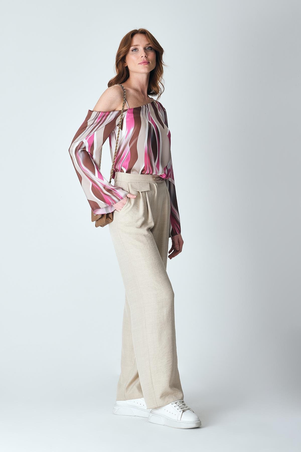 Gold Düğme Detaylı Yandan Cepli Bol Paça Pantolon