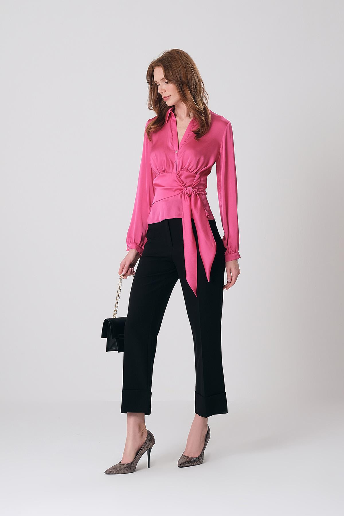 Gold Düğmeli Yüksek Bel Paçası Double Katlama Detaylı Pantolon