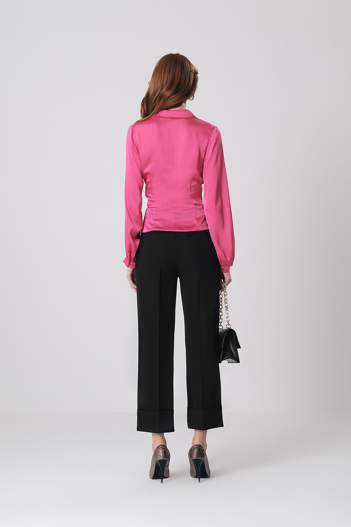 Gold Düğmeli Yüksek Bel Paçası Double Katlama Detaylı Pantolon