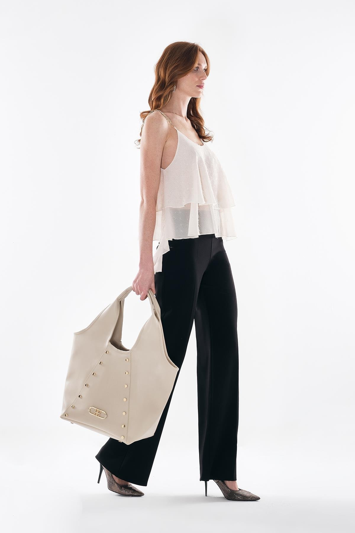 Gold Yuvarlak Dikme Aksesuarlı Bol Paça Rahat Kesim Yandan Gizli Fermuarlı Pantolon