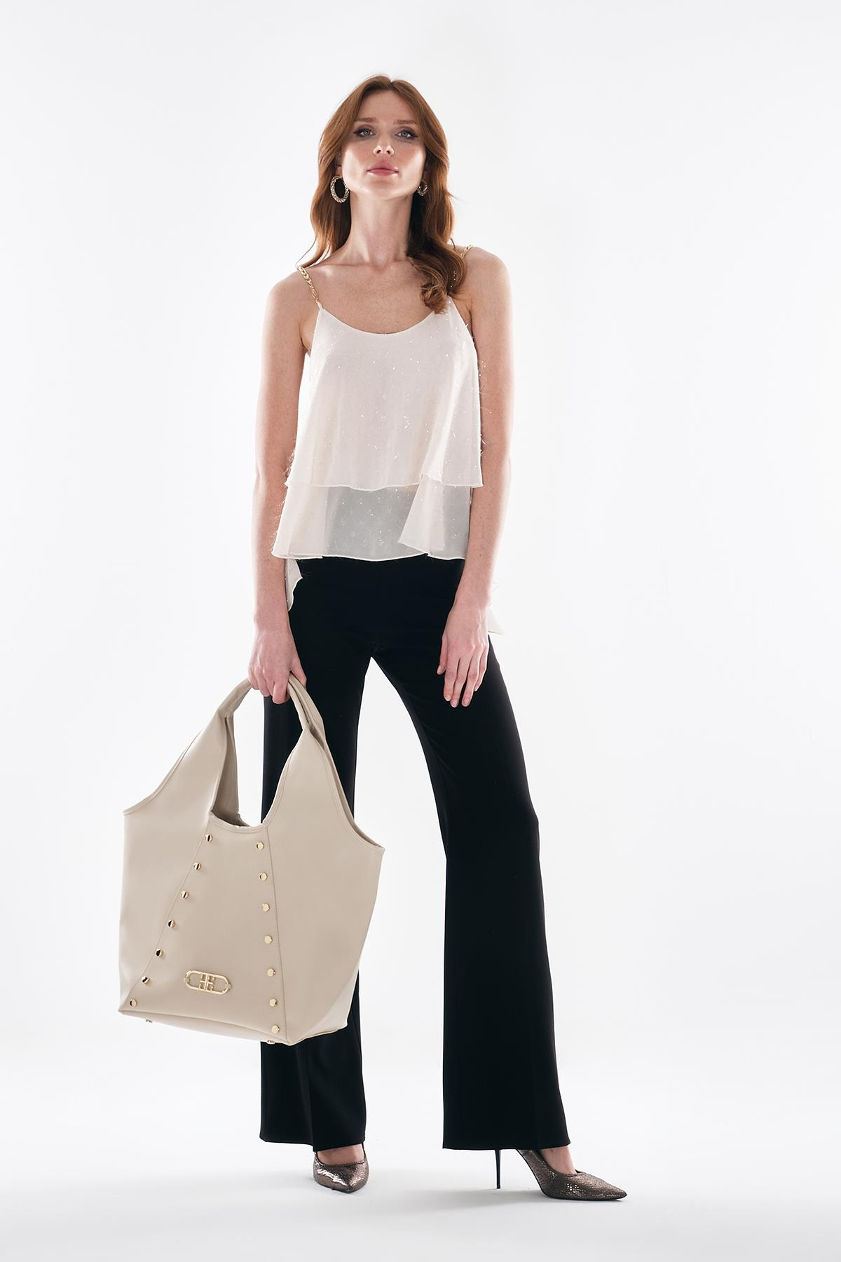 Gold Yuvarlak Dikme Aksesuarlı Bol Paça Rahat Kesim Yandan Gizli Fermuarlı Pantolon