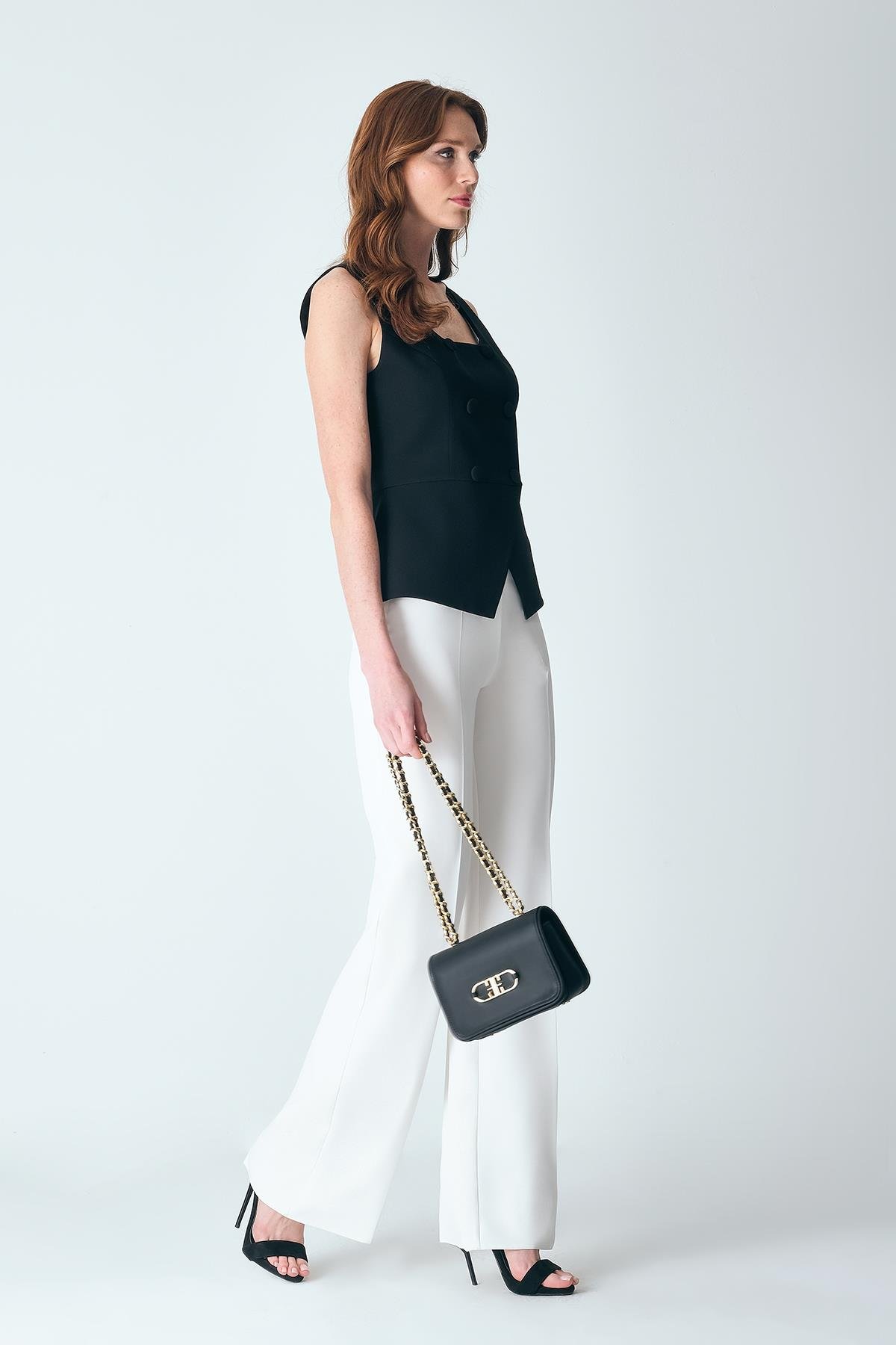 Gold Yuvarlak Dikme Aksesuarlı Bol Paça Rahat Kesim Yandan Gizli Fermuarlı Pantolon