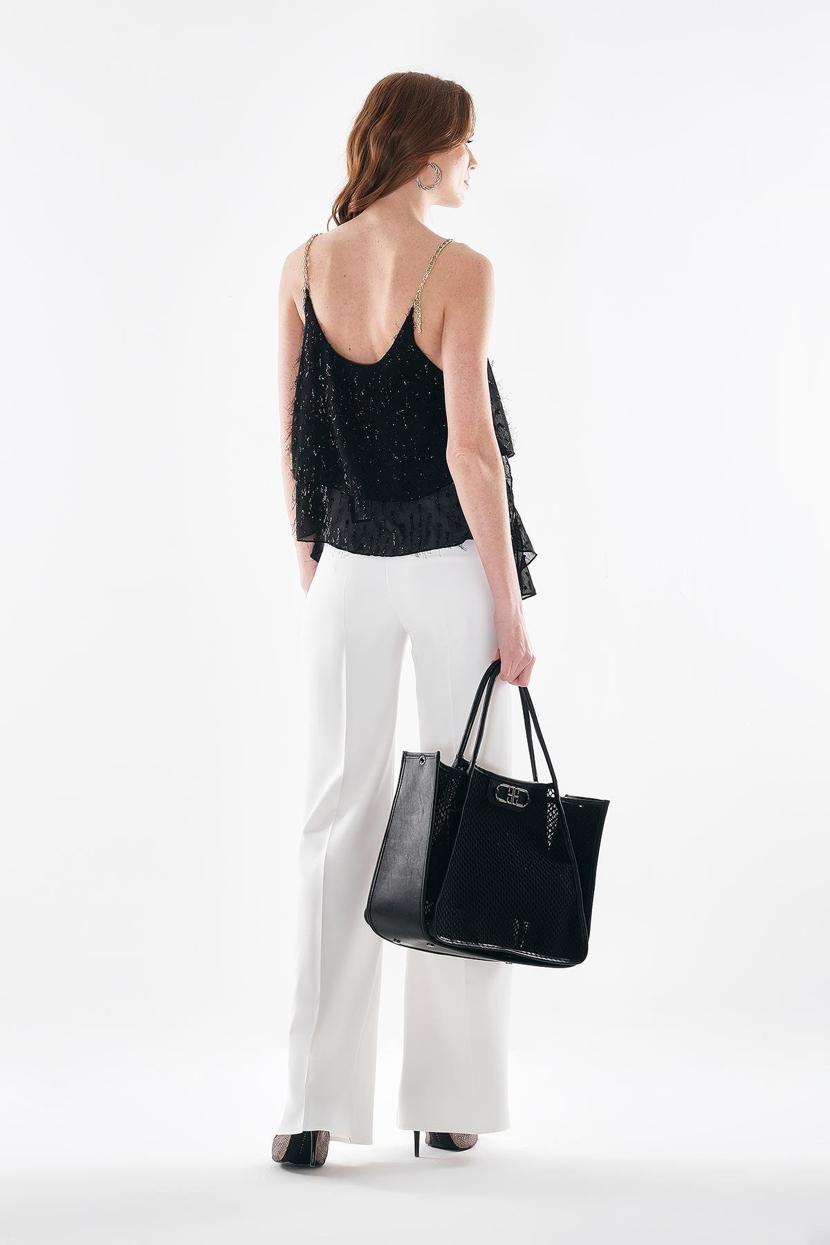 Gold Yuvarlak Dikme Aksesuarlı Bol Paça Rahat Kesim Yandan Gizli Fermuarlı Pantolon