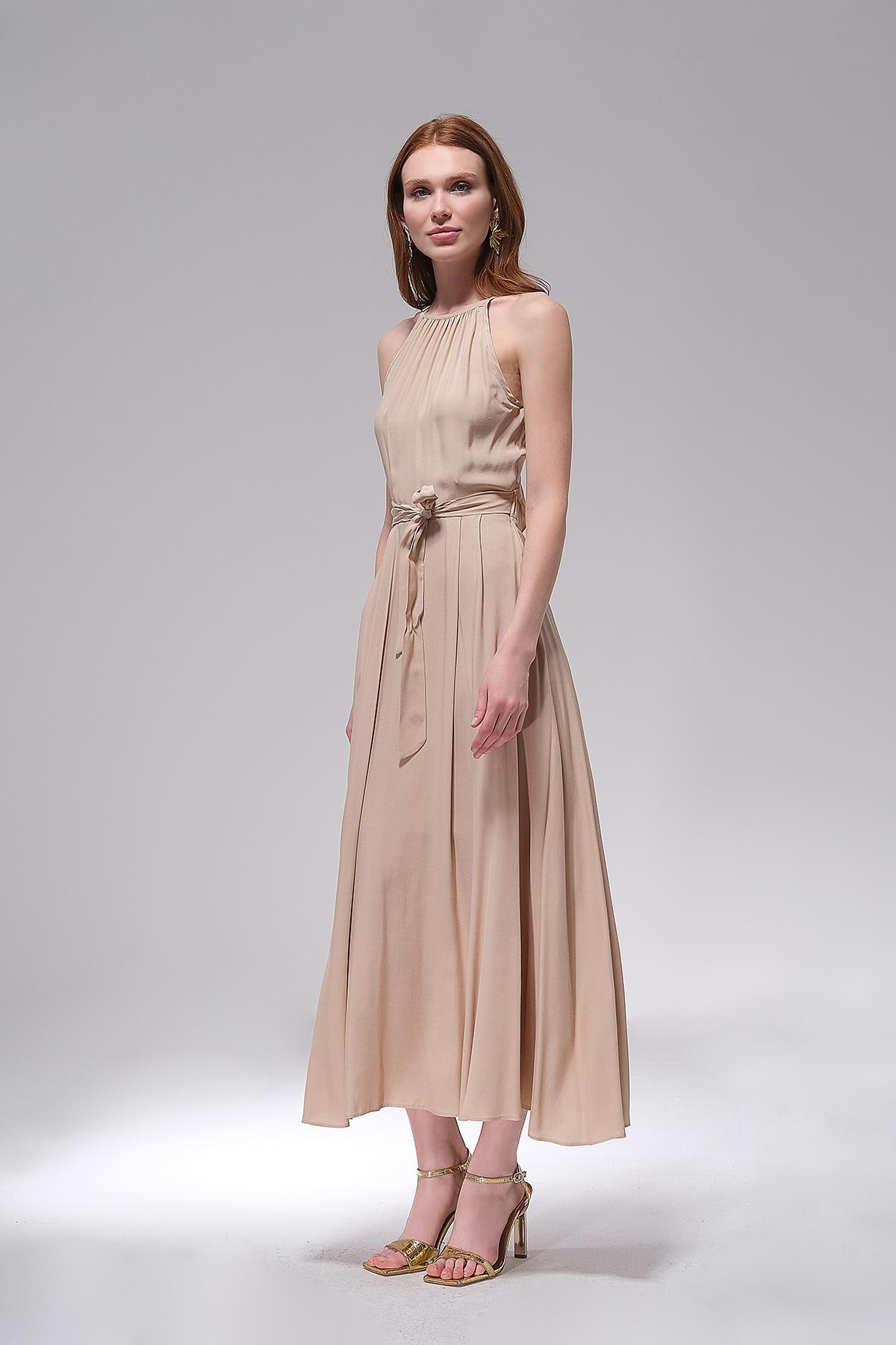 Halter Yaka Midi Boy Elbise