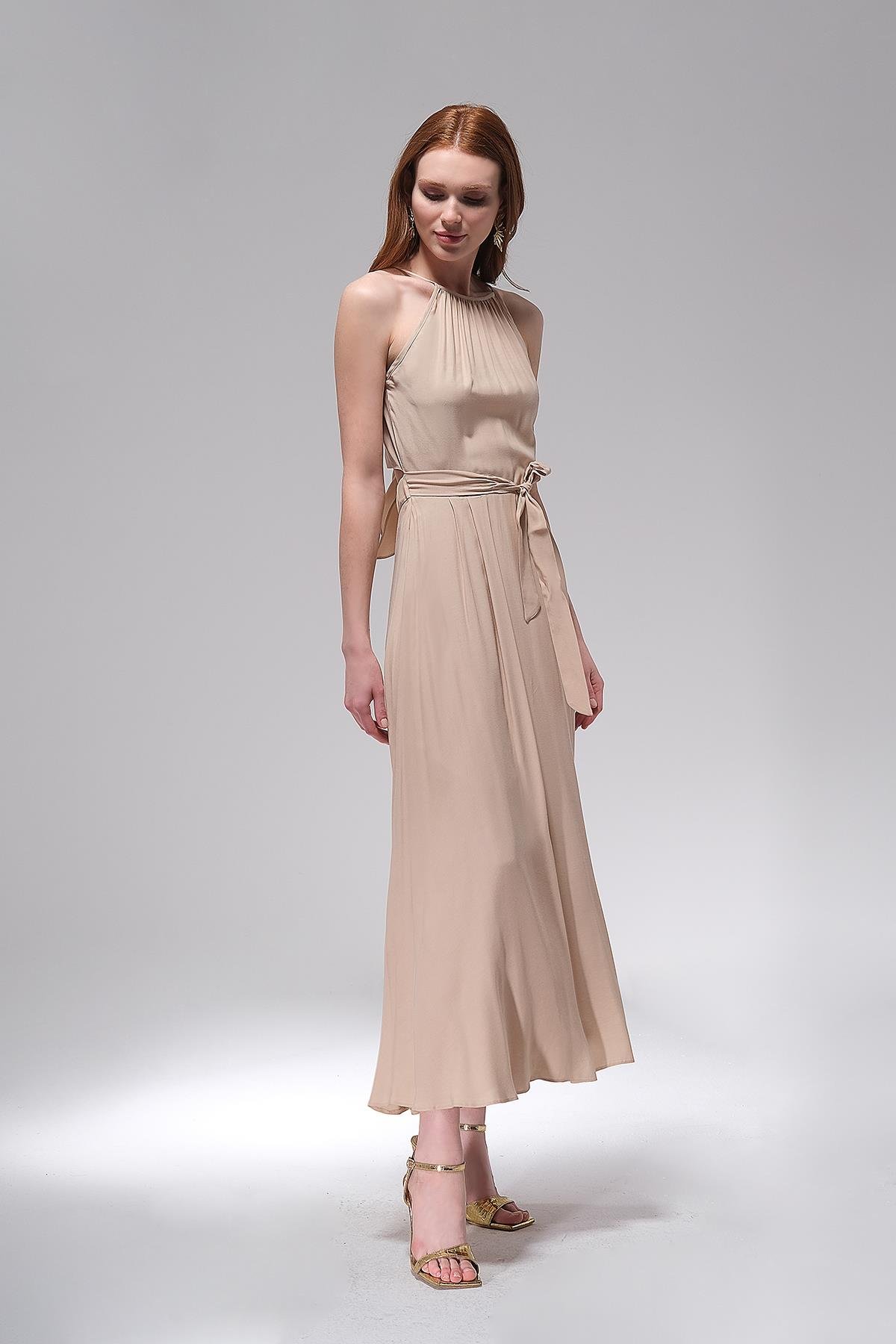 Halter Yaka Midi Boy Elbise