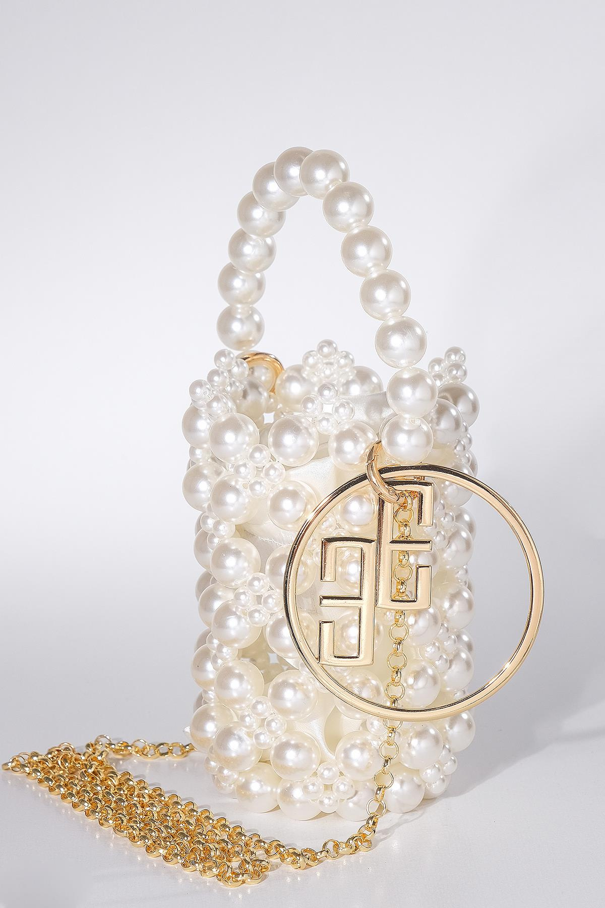 İncili Logo Detaylı Mini Kese Çanta