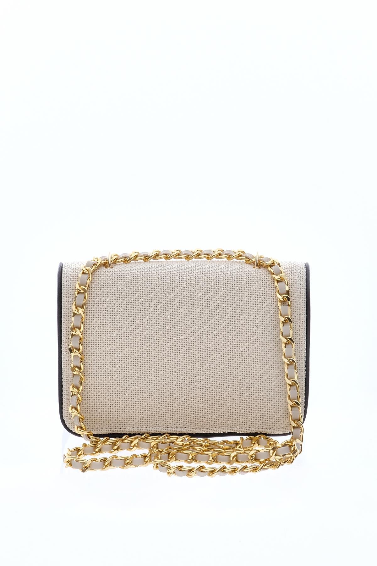 Keten, Deri Garnili, Zincir Askılı Şık Çanta