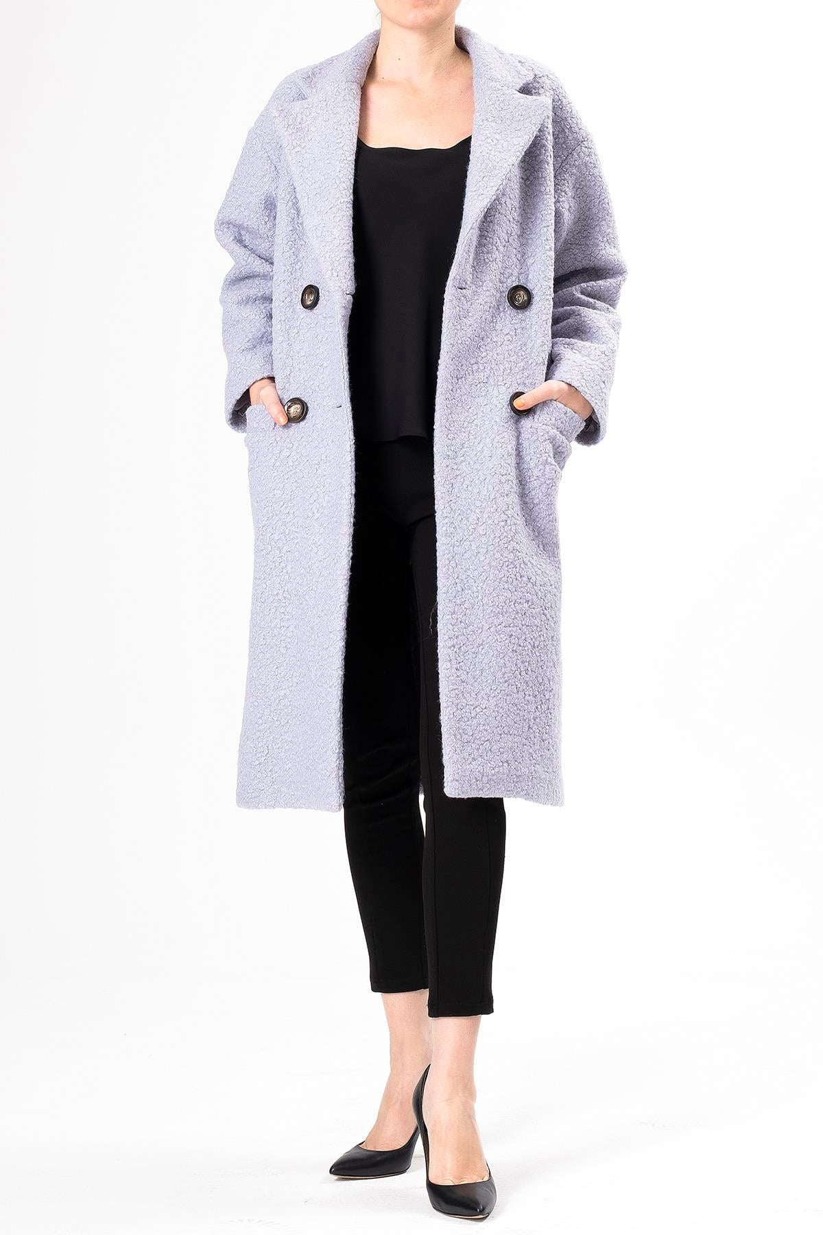 Kruvaze Düğmeli Oversize Buklet Kaban