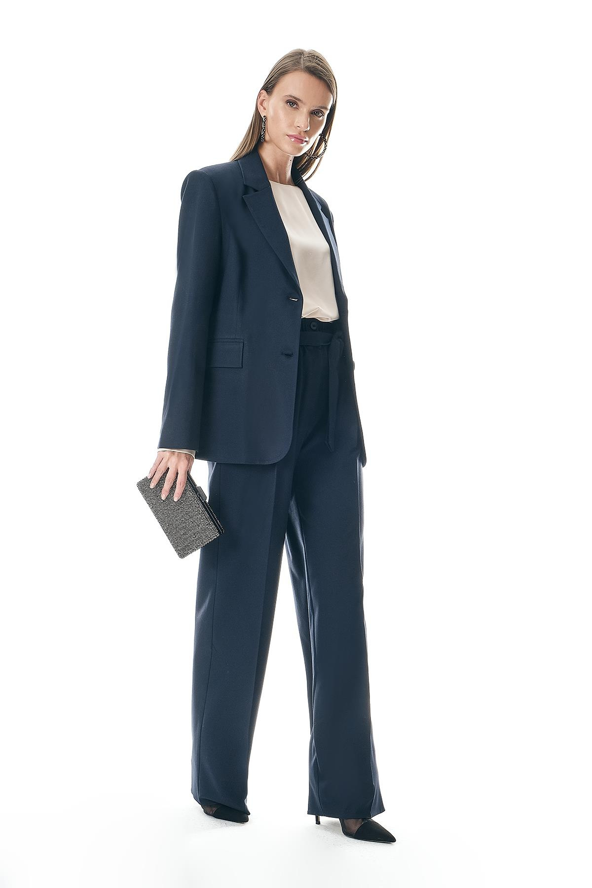 Kuşaklı Çift Kemerli Beli Lastikli Pantolon