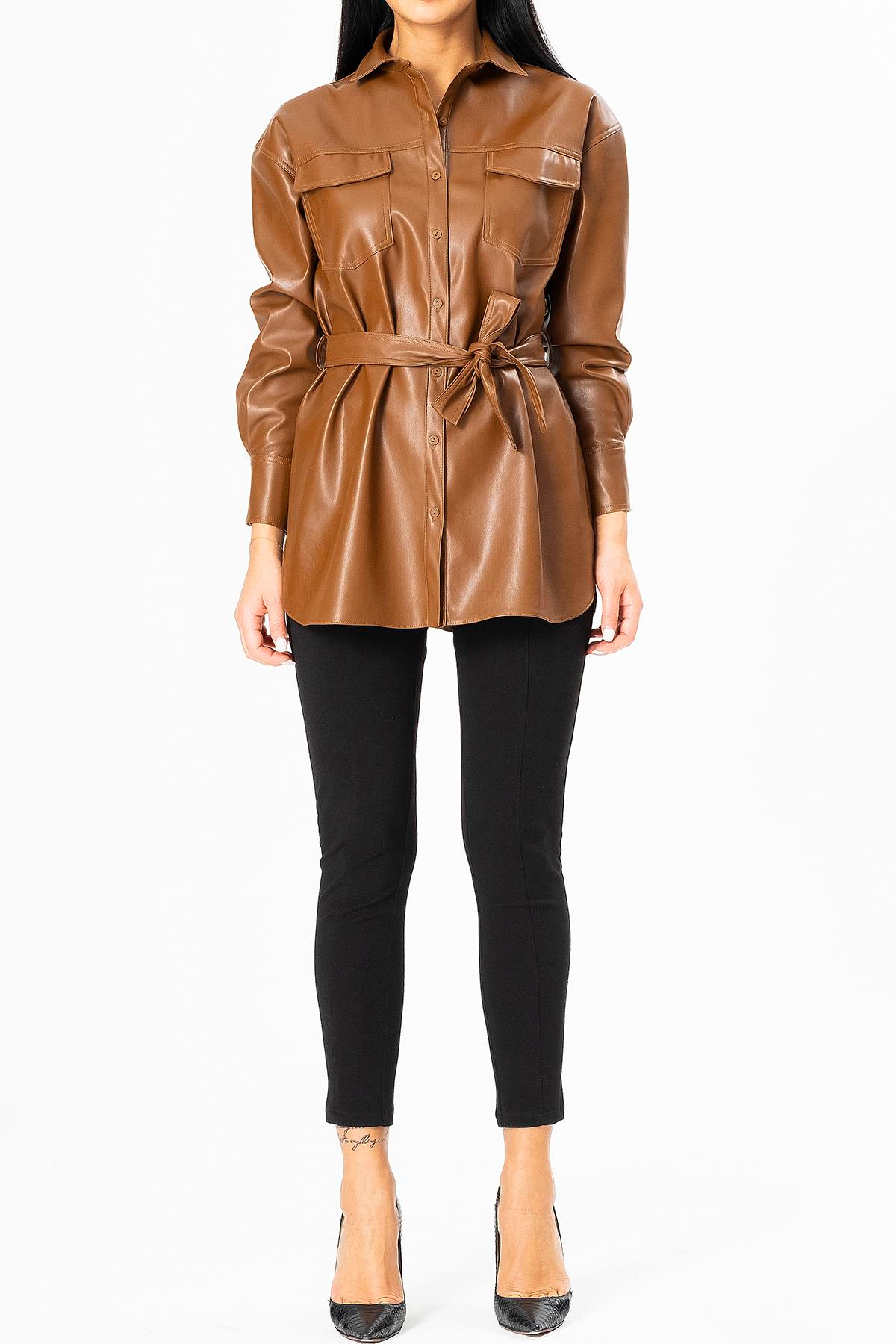 Kuşaklı Suni Deri Ceket