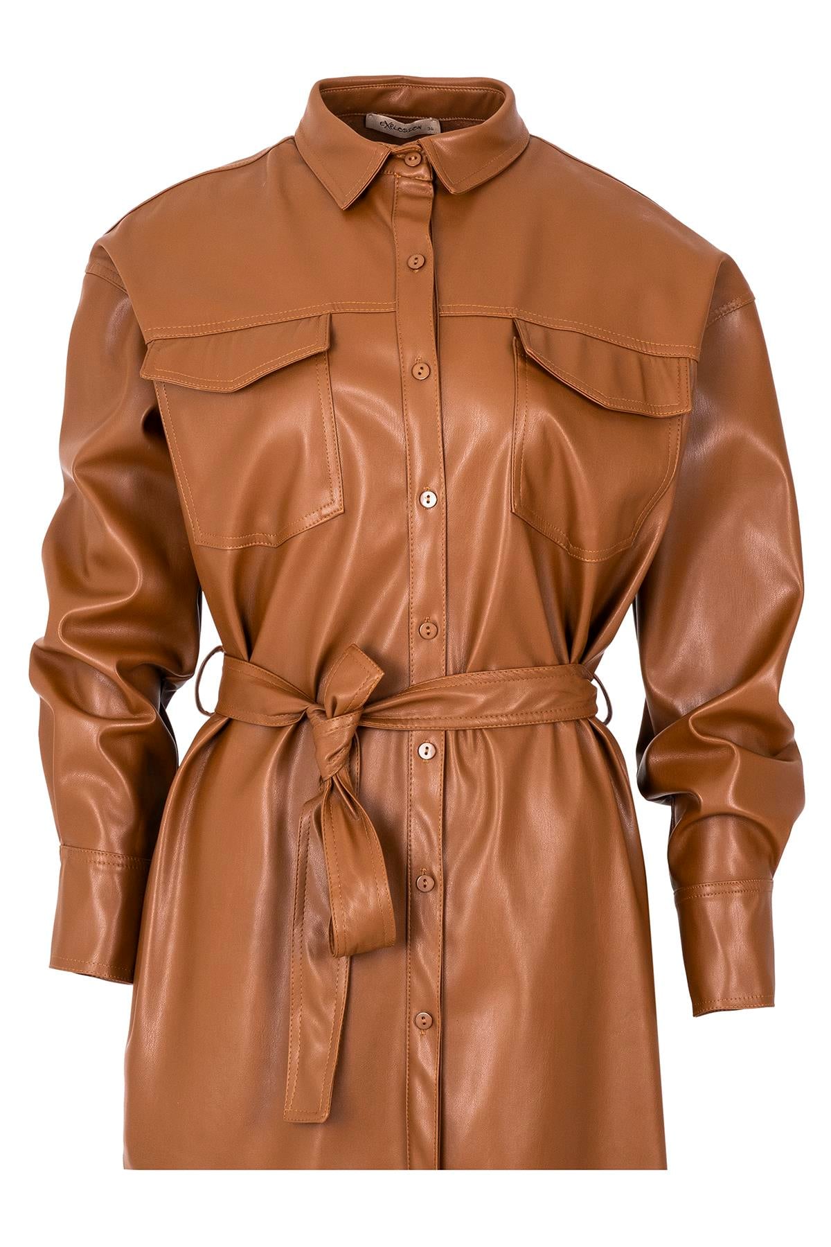 Kuşaklı Suni Deri Ceket