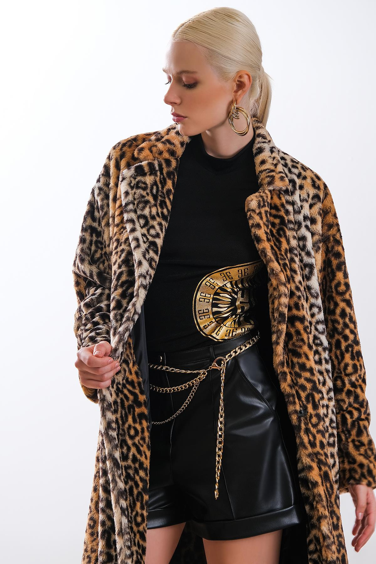 Leopar Desenli Suni Kürk Kaban