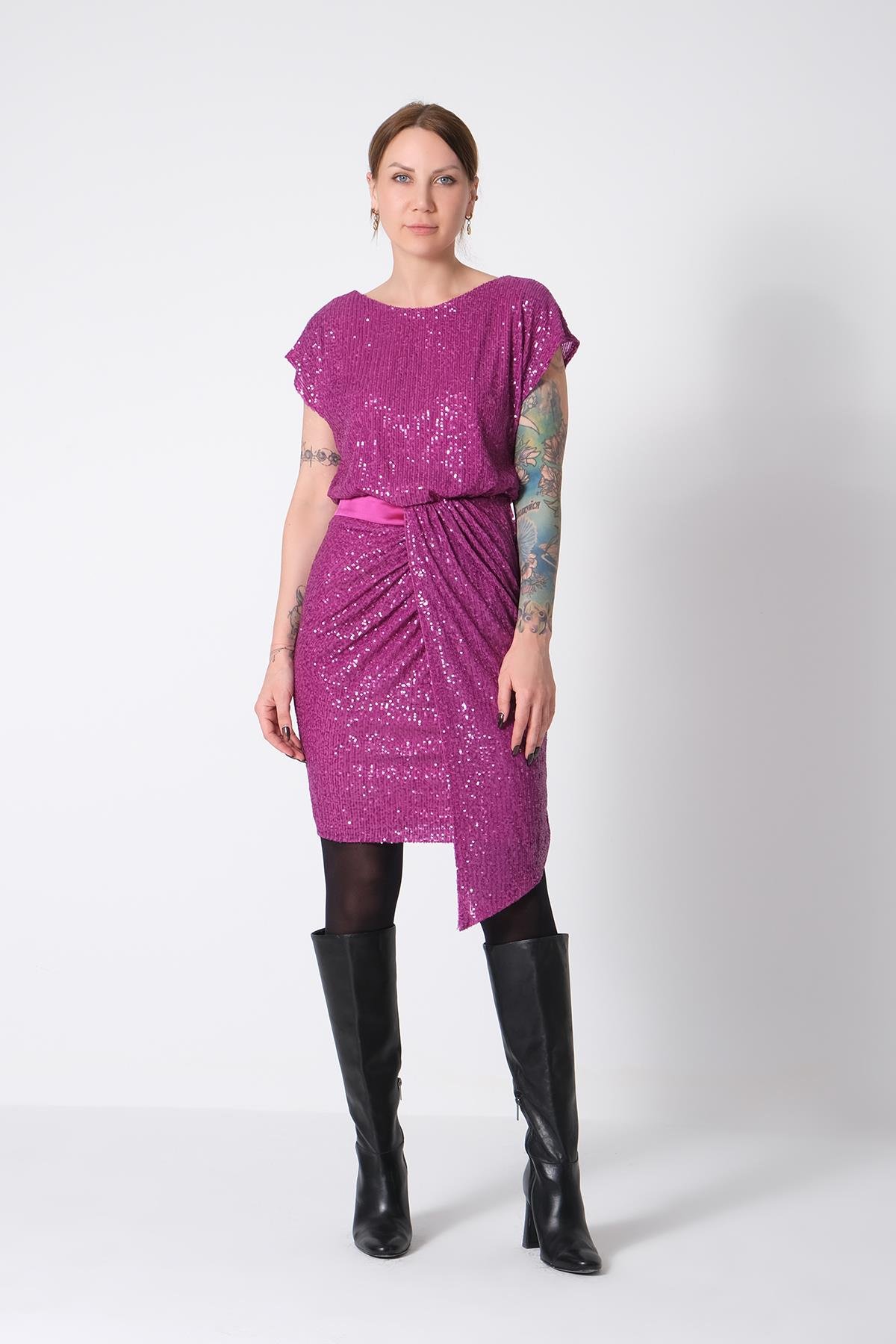 Payet Eteği Asimetrik Mini Şık Elbise