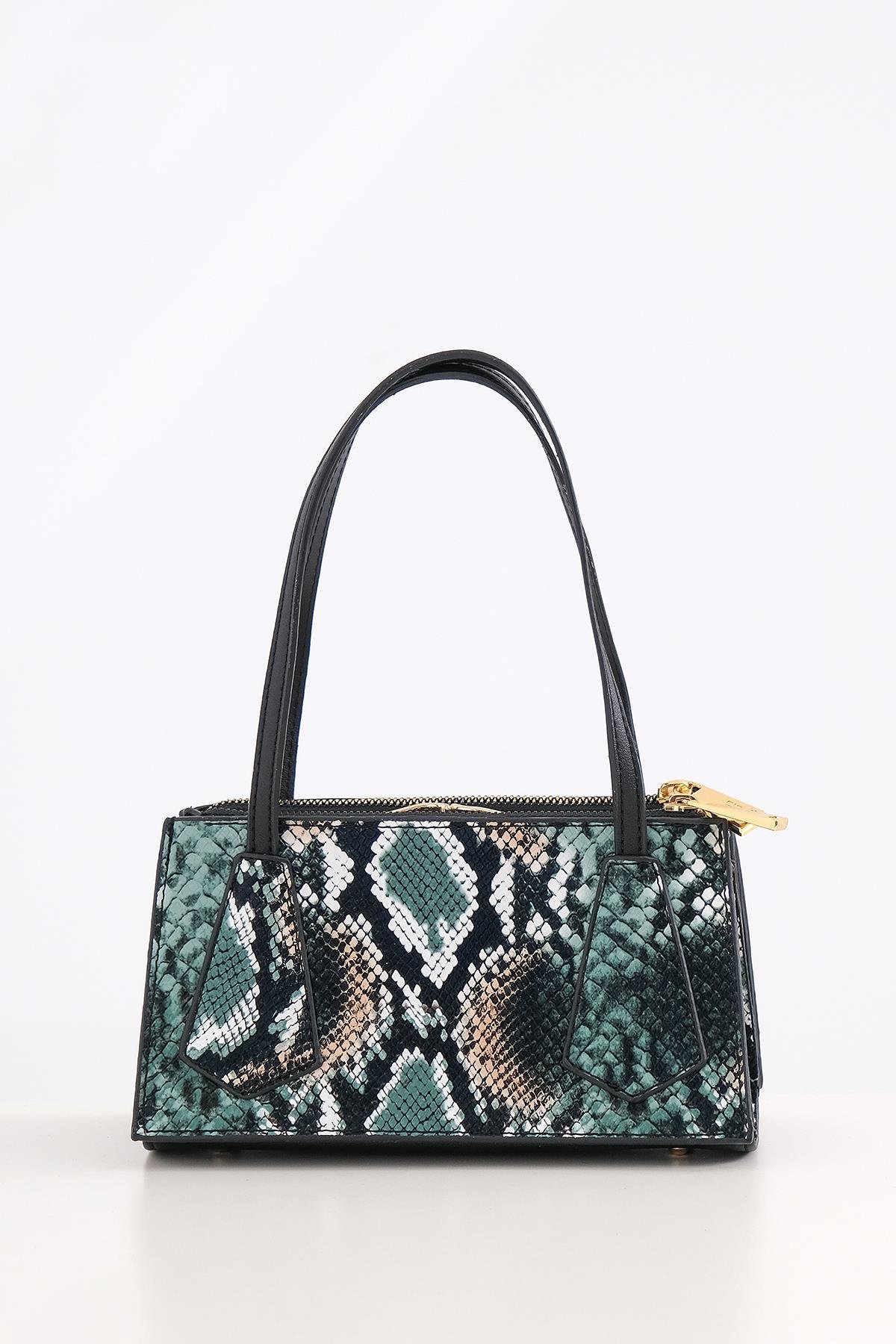 Piton Desenli Çift Fermuarlı Klipsli Şık Çanta