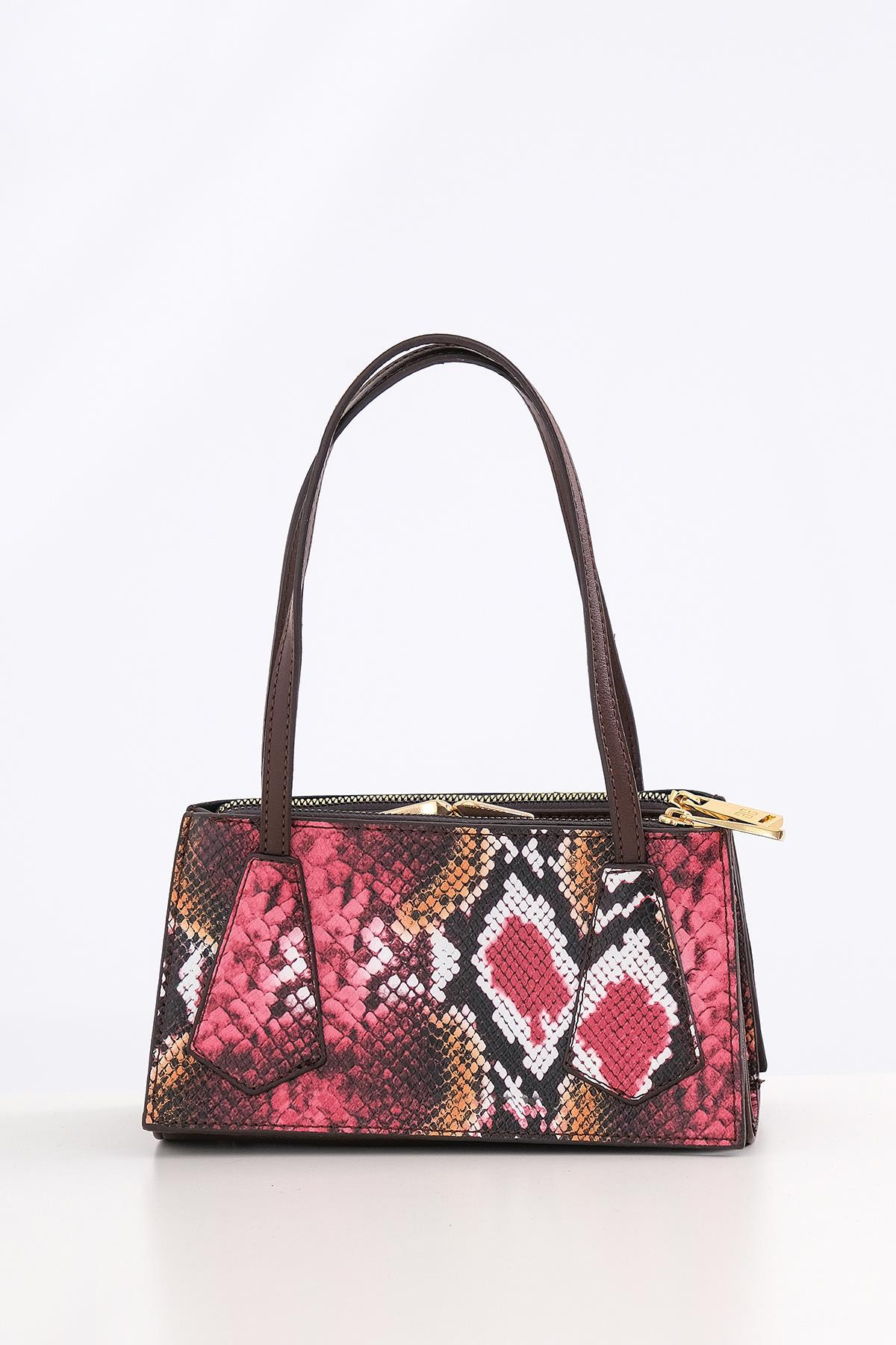 Piton Desenli Çift Fermuarlı Klipsli Şık Çanta