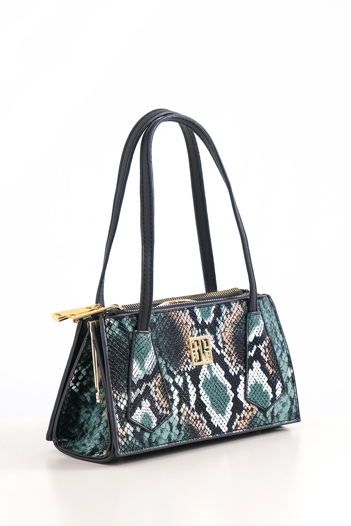 Piton Desenli Çift Fermuarlı Klipsli Şık Çanta