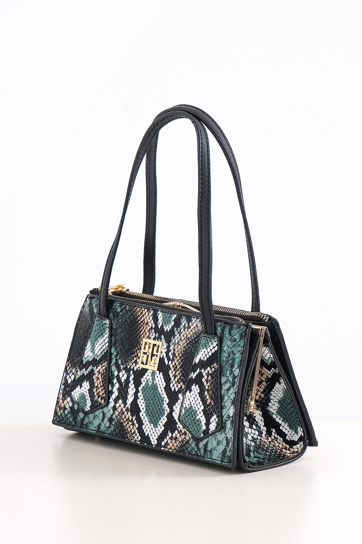 Piton Desenli Çift Fermuarlı Klipsli Şık Çanta