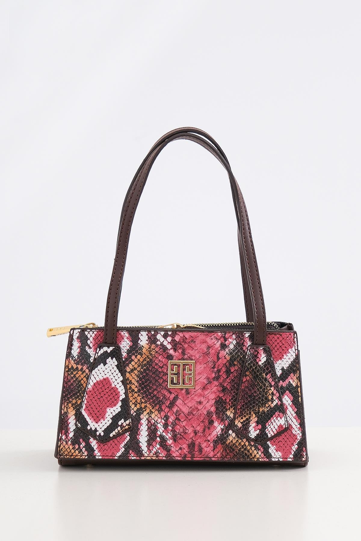 Piton Desenli Çift Fermuarlı Klipsli Şık Çanta