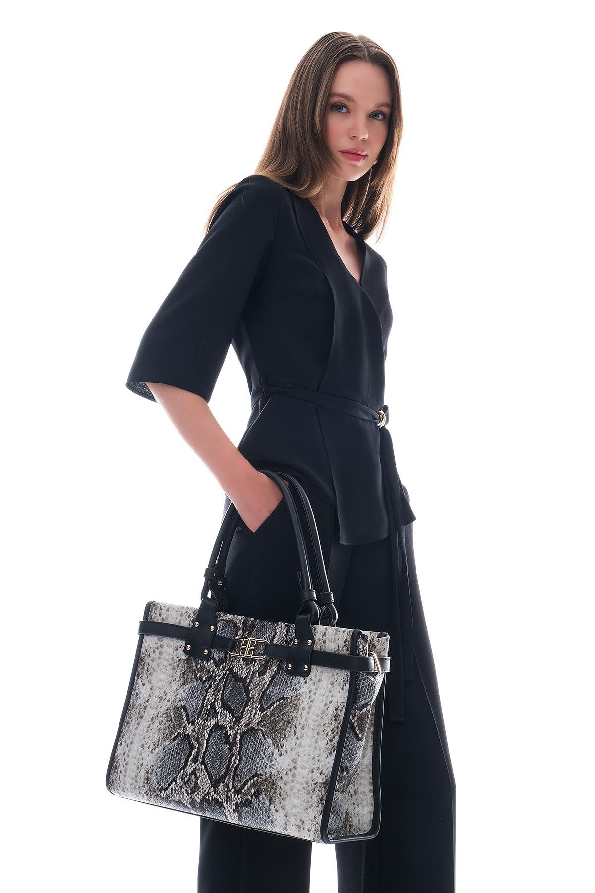 Piton Desenli Gold Tokalı Çift Askılı Günlük Çanta