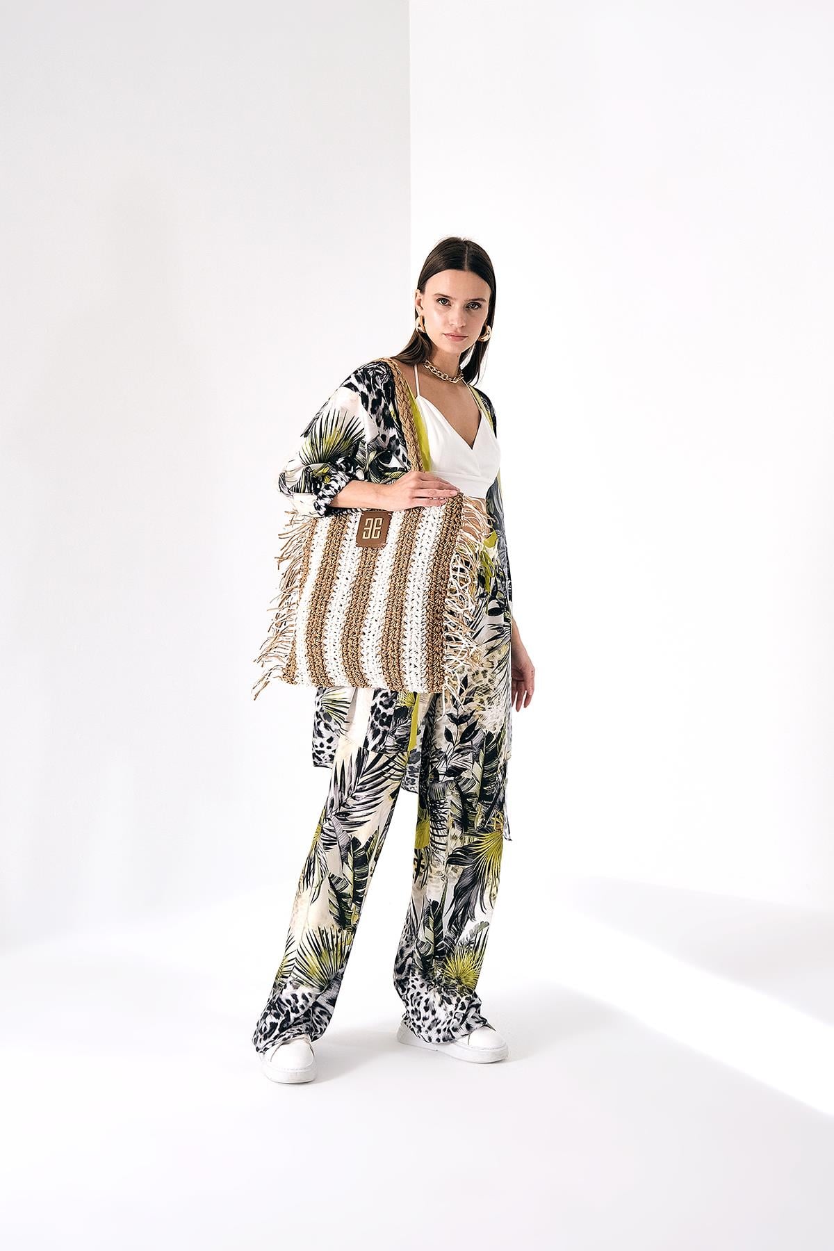Renk Bloklu Desenli Kimono
