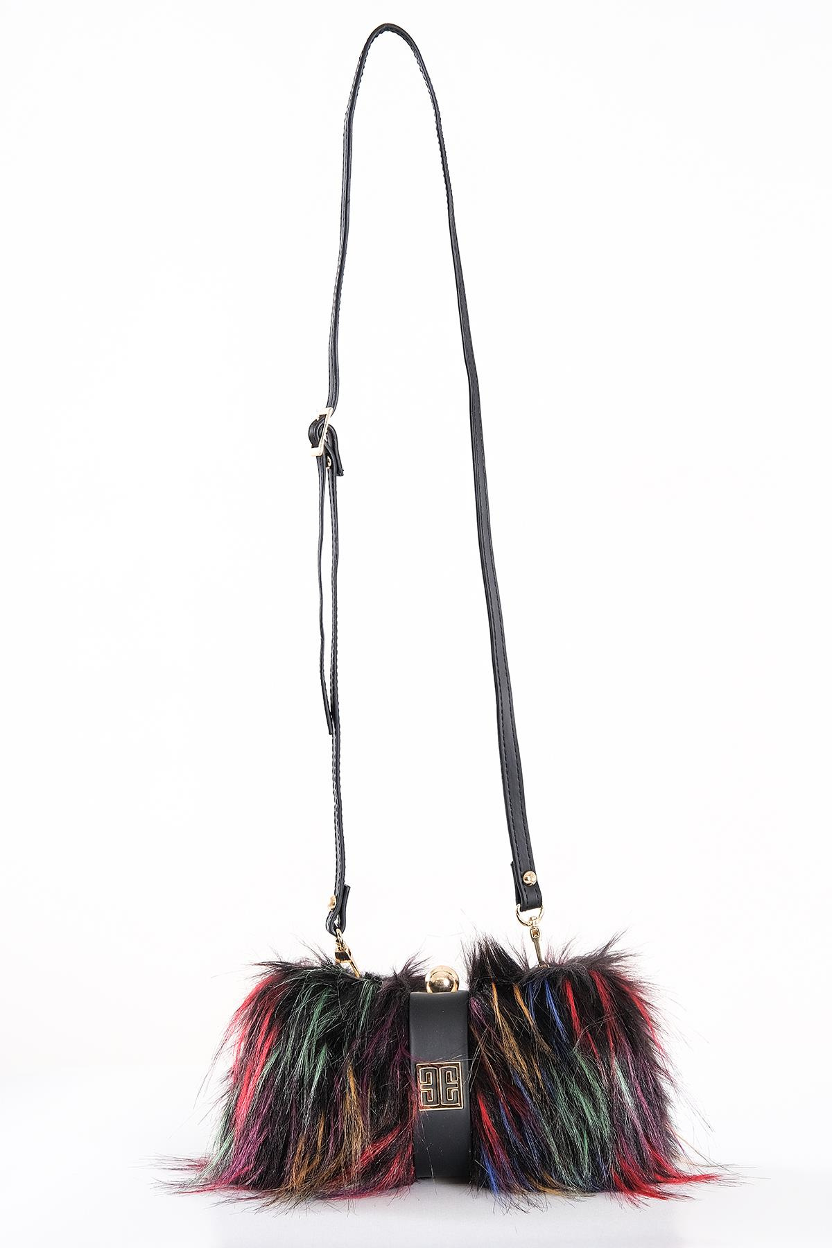 Renkli Tüylü Clutch Çanta