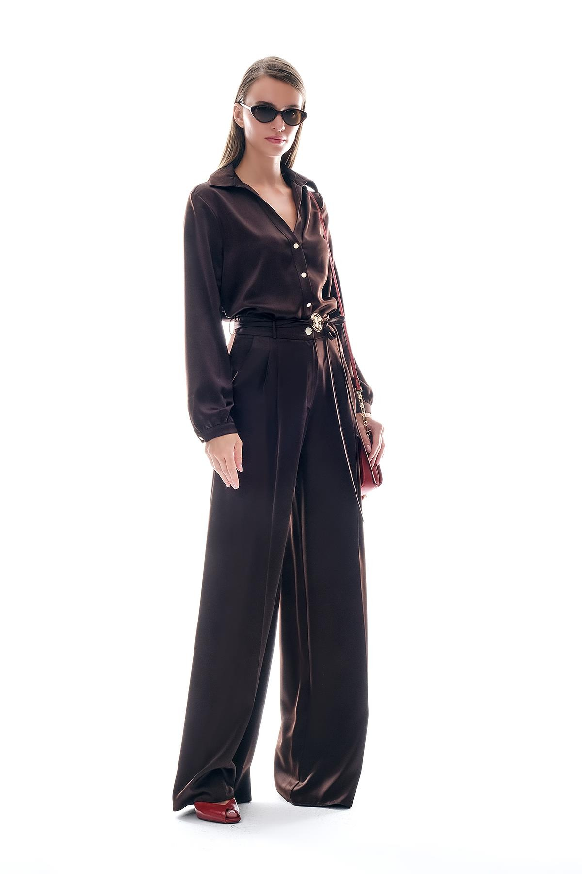 Saten Bol Paça Beli Bağçıklı Pantolon