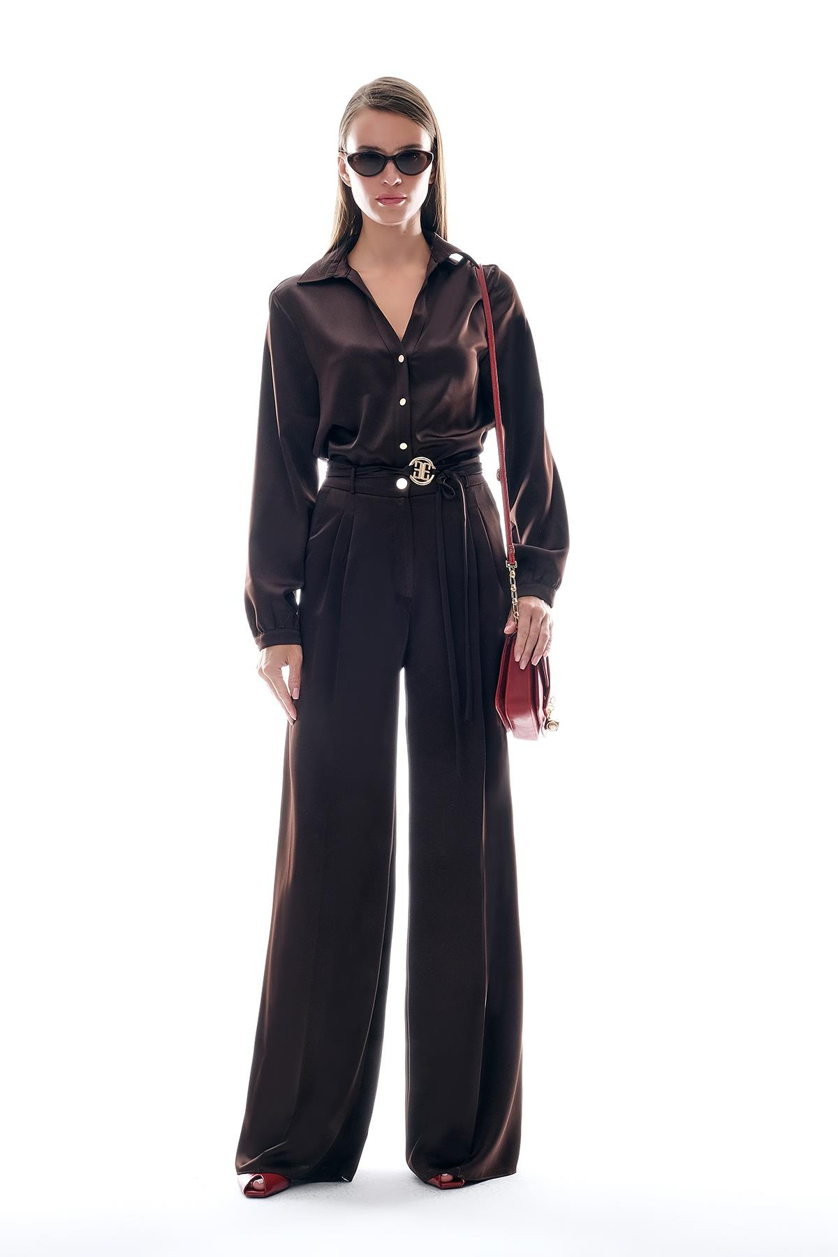 Saten Bol Paça Beli Bağçıklı Pantolon