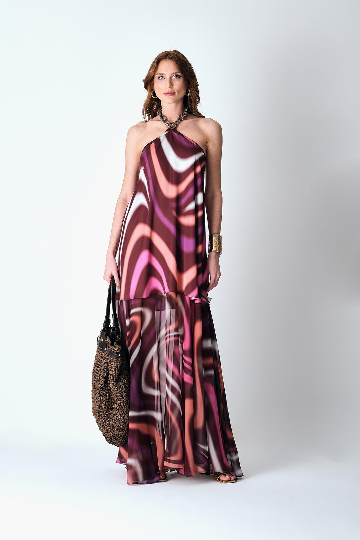 Saten Desenli Şifon Garnili Boyundan Bağlama Detaylı Yakası Aksesuarlı Çift Kat Kloş Etekli Elbise