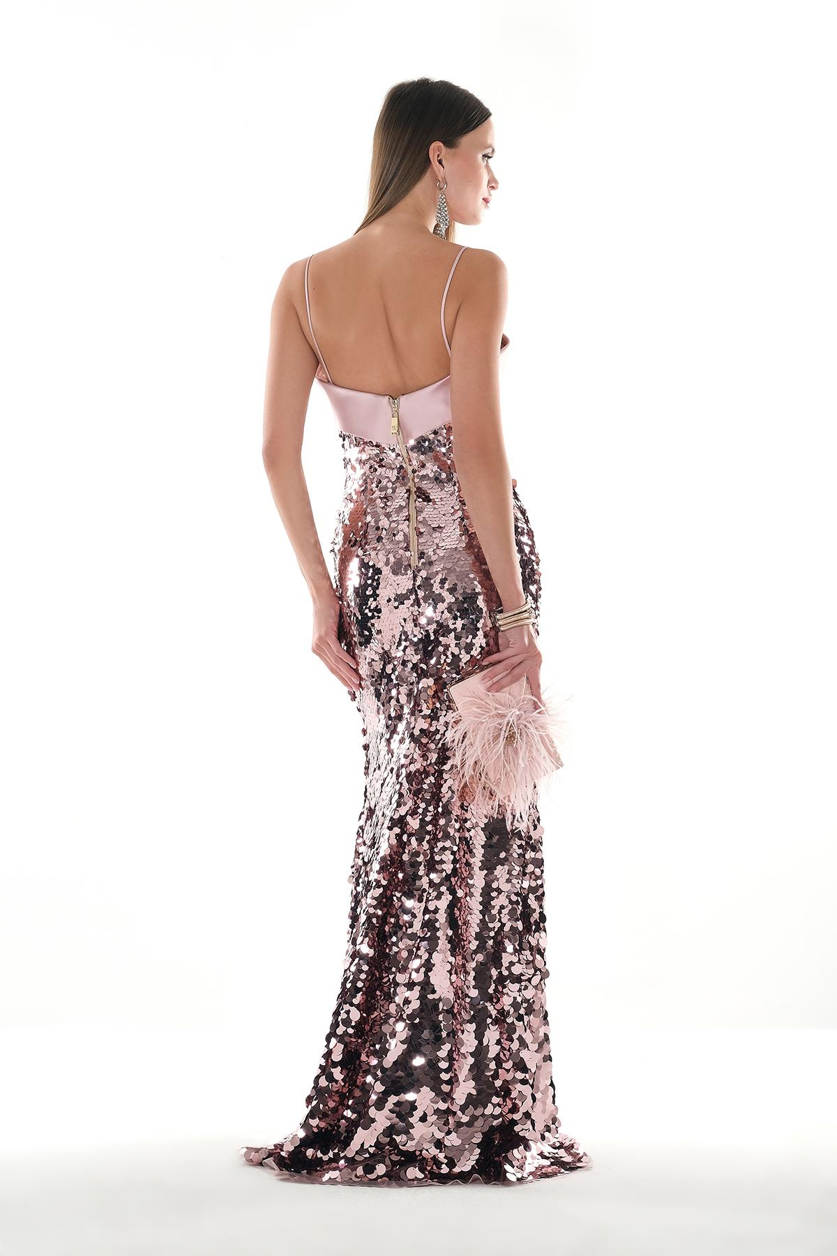 Saten Garnili Pul Payet İnce Askılı Metal Fermuarlı Maksi Boy Abiye Elbise