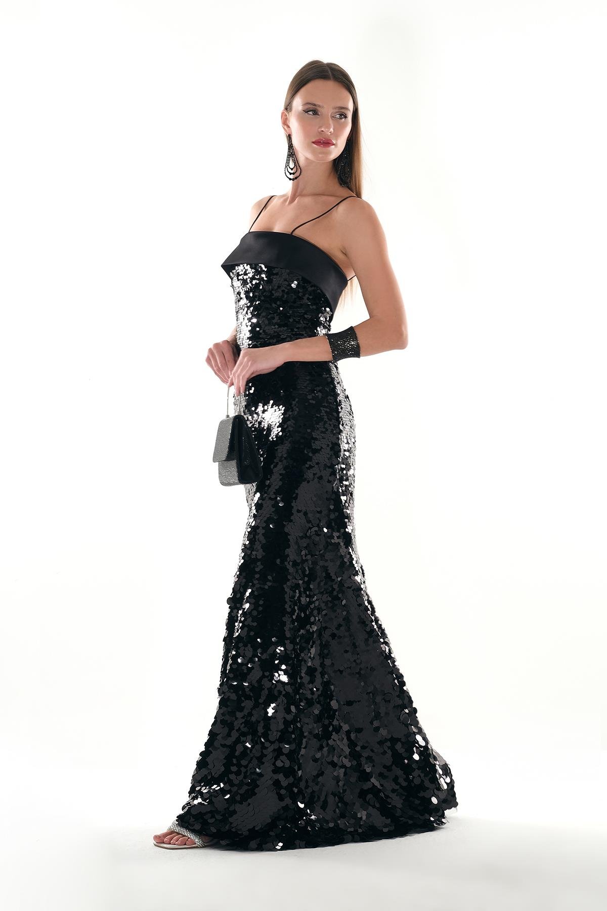 Saten Garnili Pul Payet İnce Askılı Metal Fermuarlı Maksi Boy Abiye Elbise