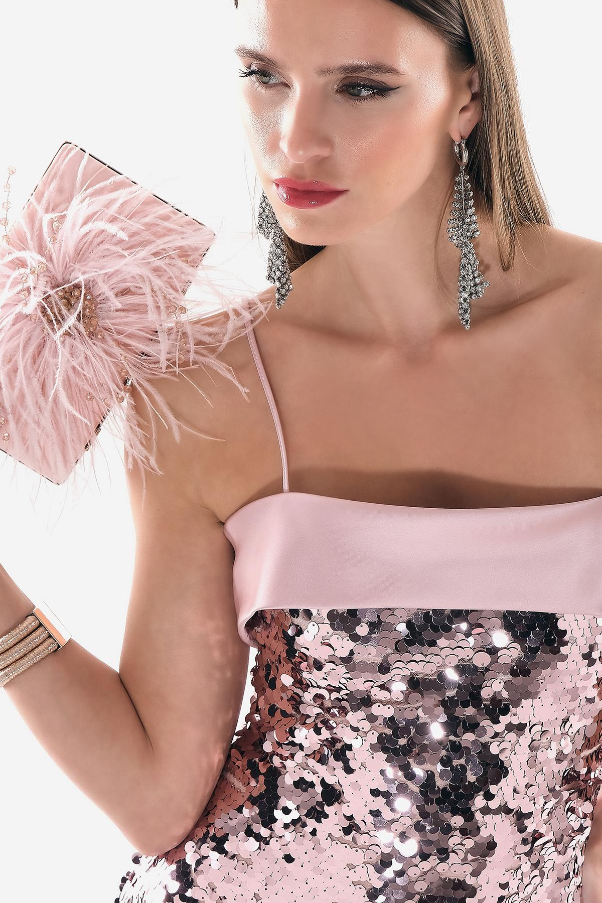 Saten Garnili Pul Payet İnce Askılı Metal Fermuarlı Maksi Boy Abiye Elbise