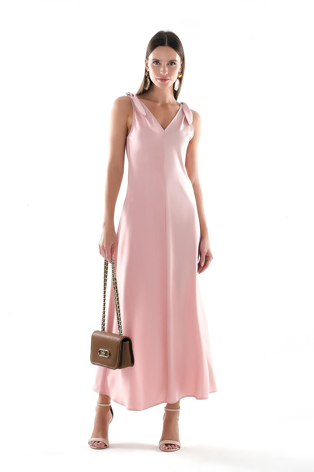 Saten Omuzu Bağlamalı Çift Taraf Kumaş Detaylı Midi Boy Elbise