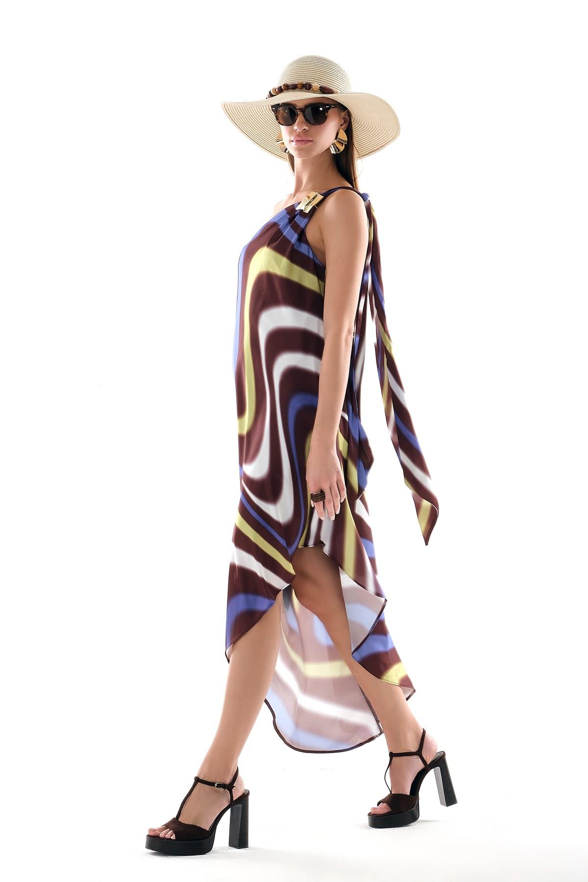 Şifon Desenli Asimetrik Etekli Elbise