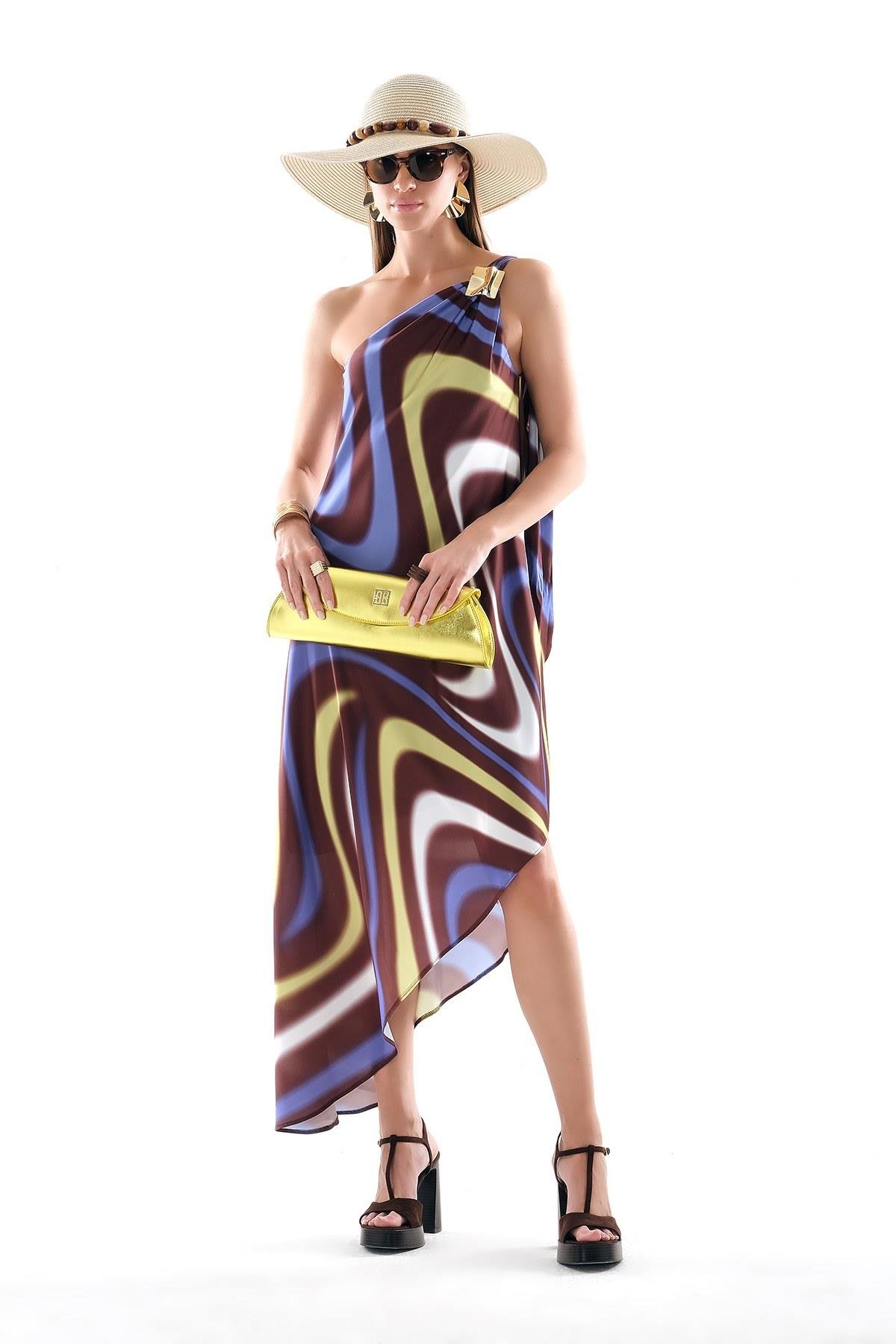 Şifon Desenli Asimetrik Etekli Elbise