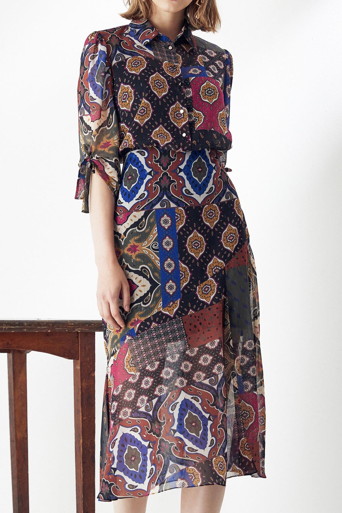 Şifon Patchwork Desenli Elbise