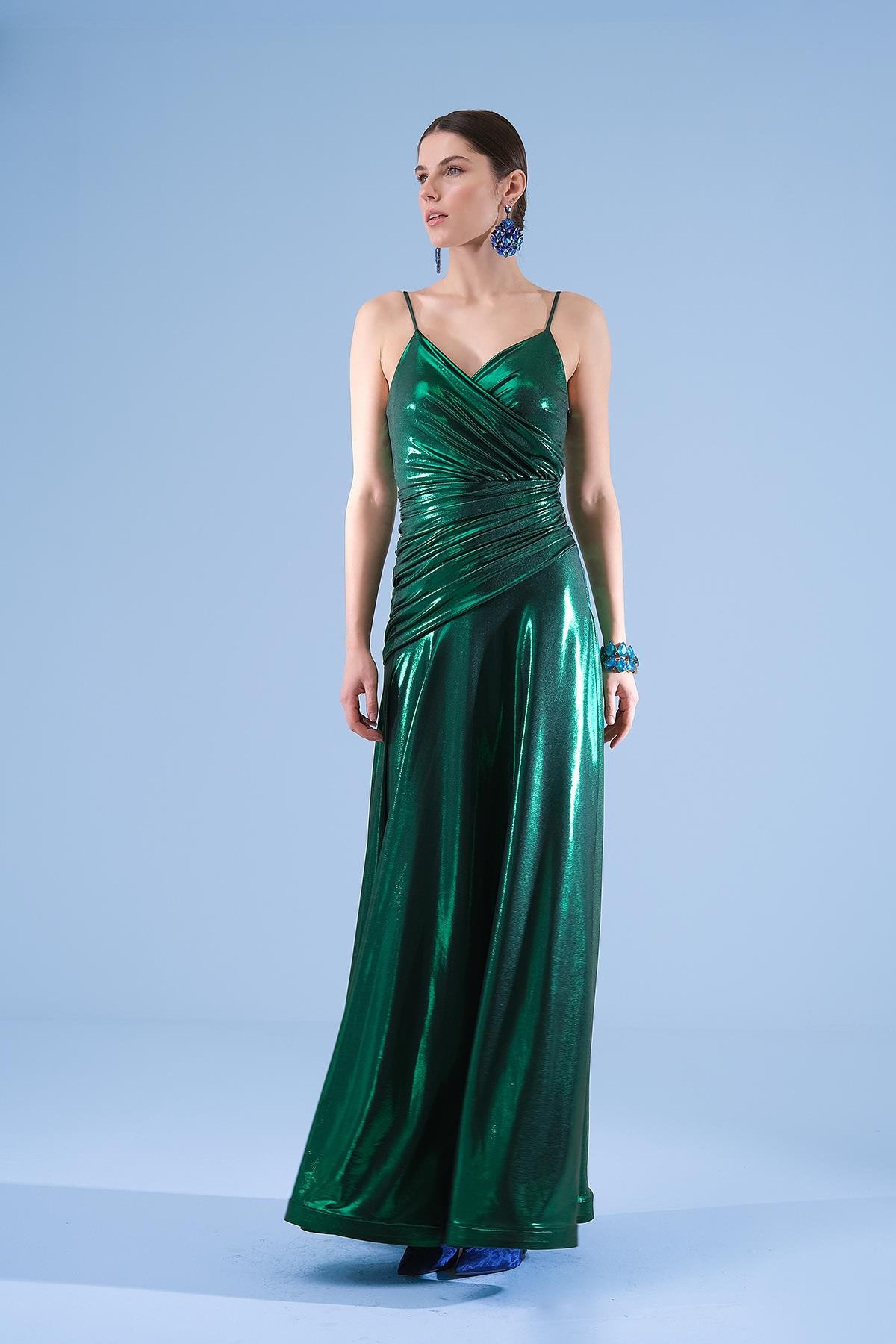 Simli Parlak Örme Askılı MAksi Boy Elbise