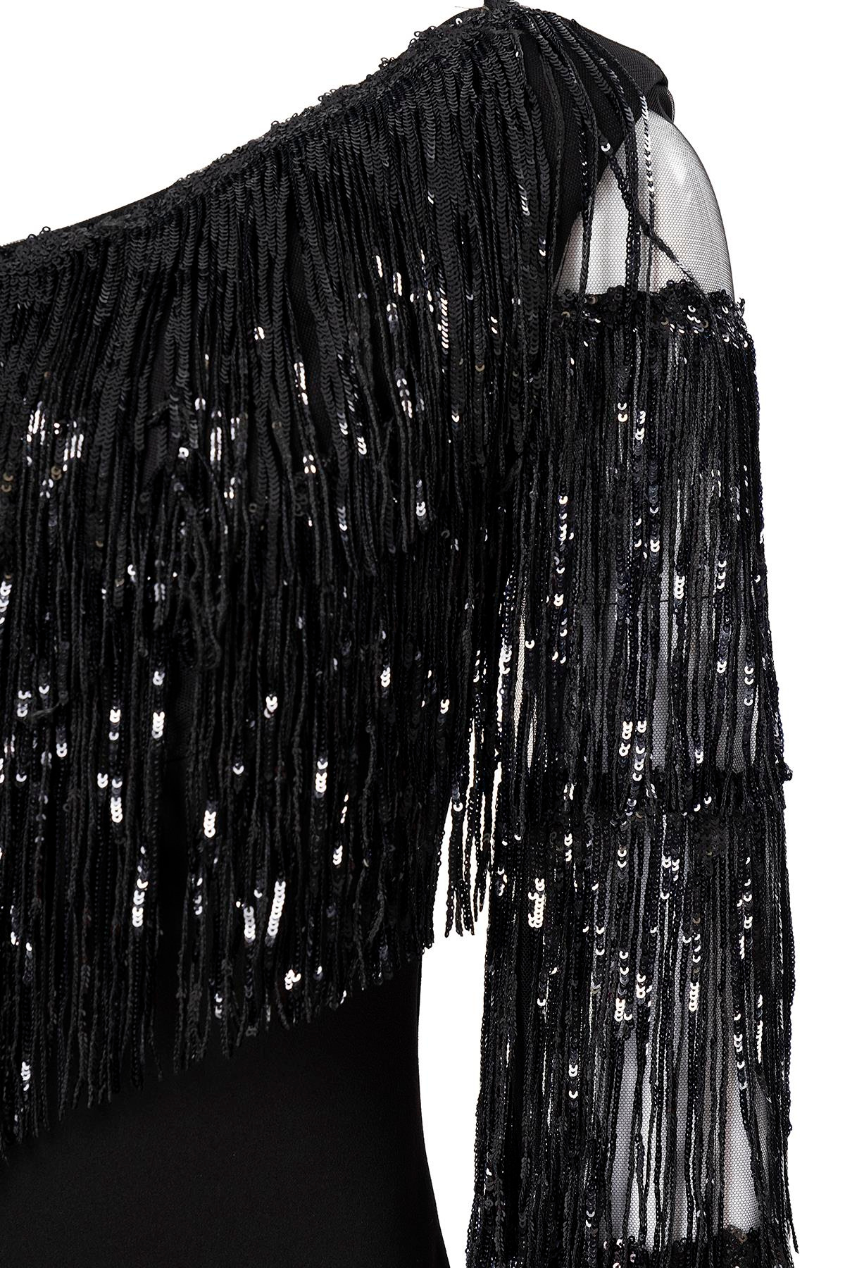 Tek Omuz Püskül Payet Elbise