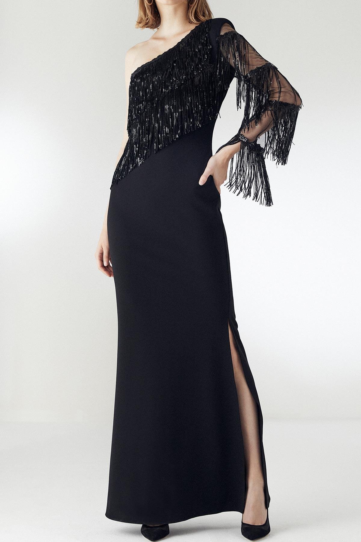 Tek Omuz Püskül Payet Elbise