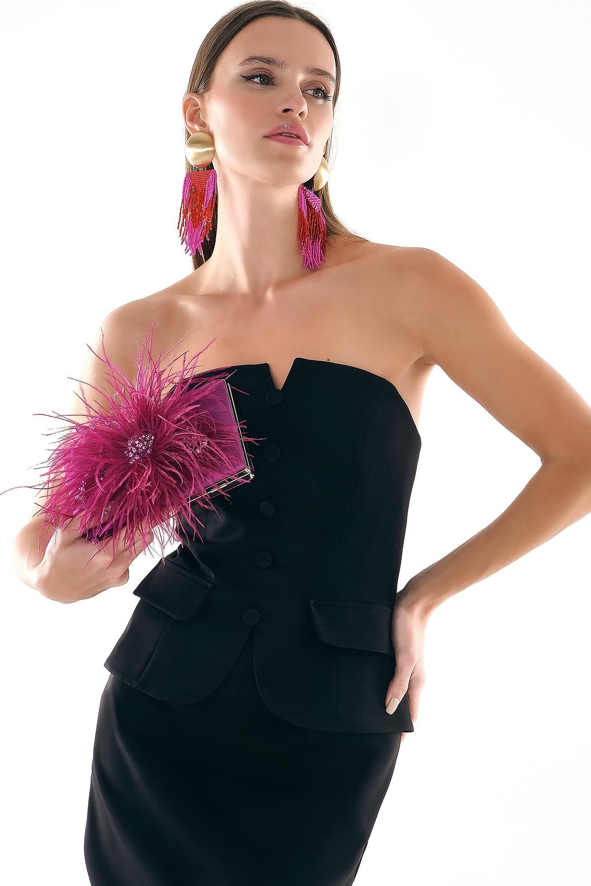 V Dekolteli Düğme Detaylı Mini Klasik Elbise