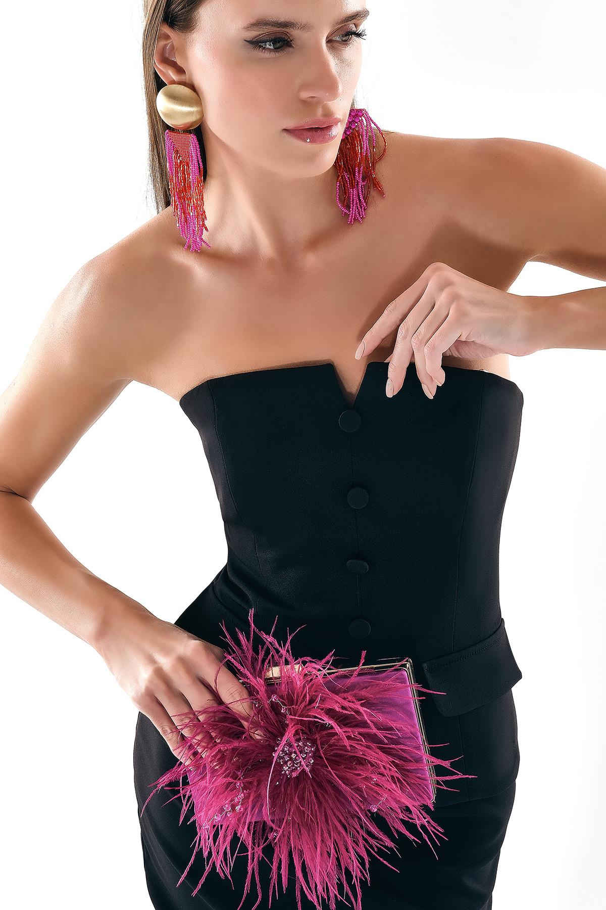 V Dekolteli Düğme Detaylı Mini Klasik Elbise